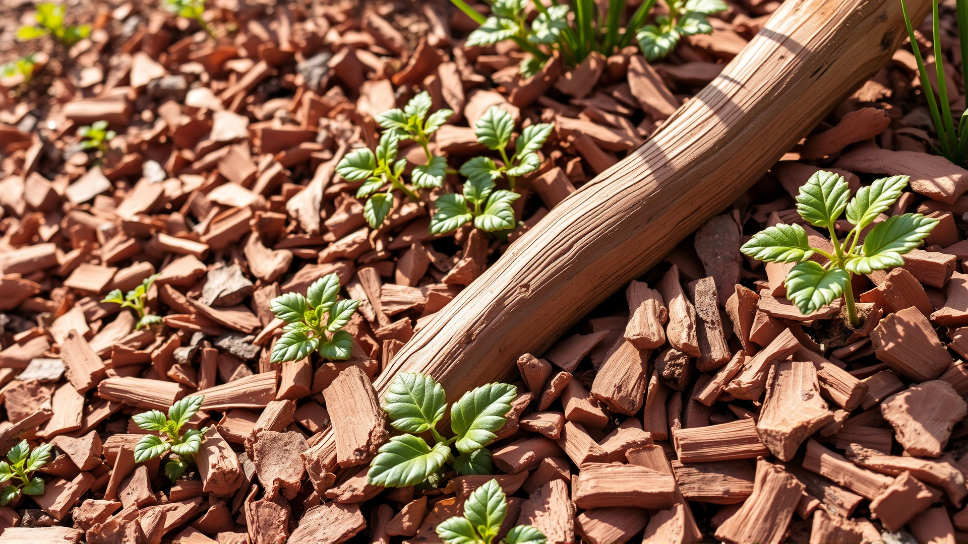 Fresh reddish cedar wood chips used as mulch around garden plants in sunlight, giving aromatic visual feel.