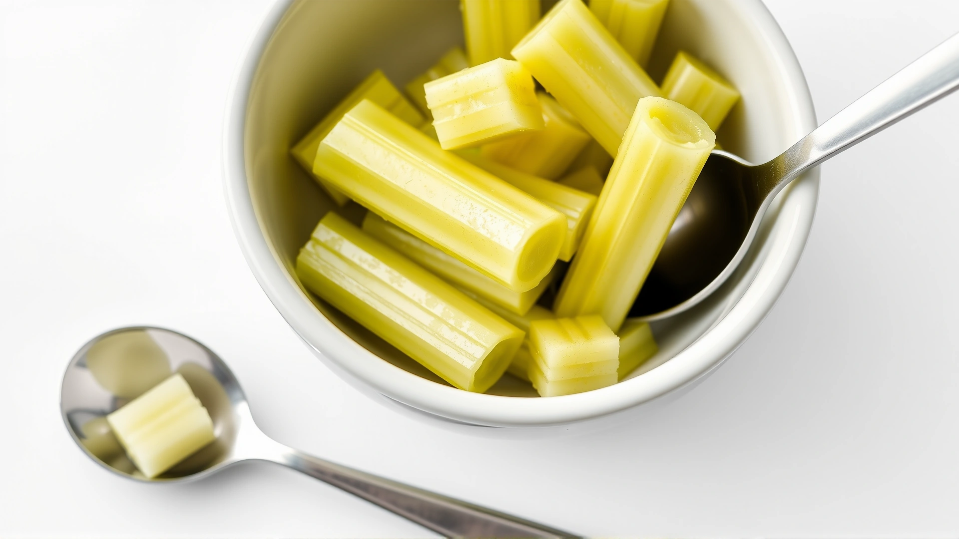 Small bowl with bite-sized celery sticks next to a measuring spoon, emphasis on portion size, clean white background