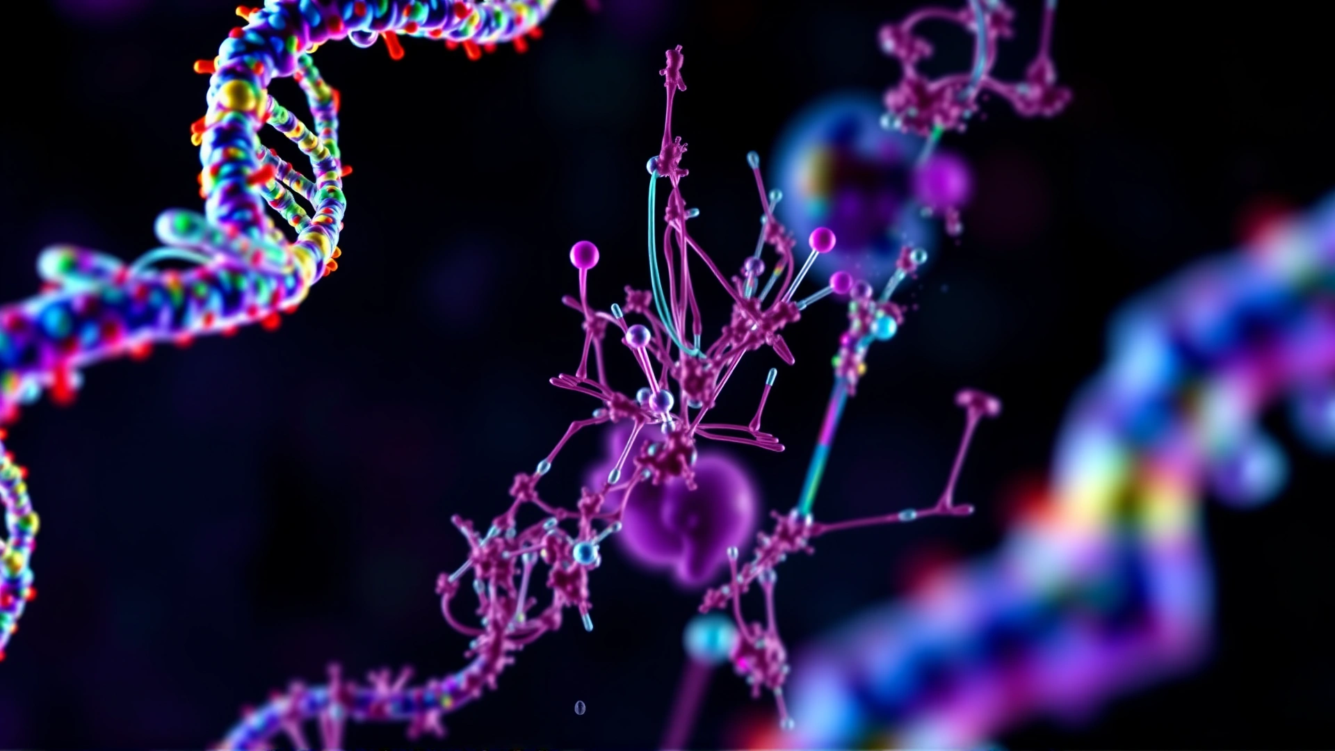 Abstract microscopic view of colorful DNA strands and dividing cells to represent chemotherapy action, no words, scientific aesthetic