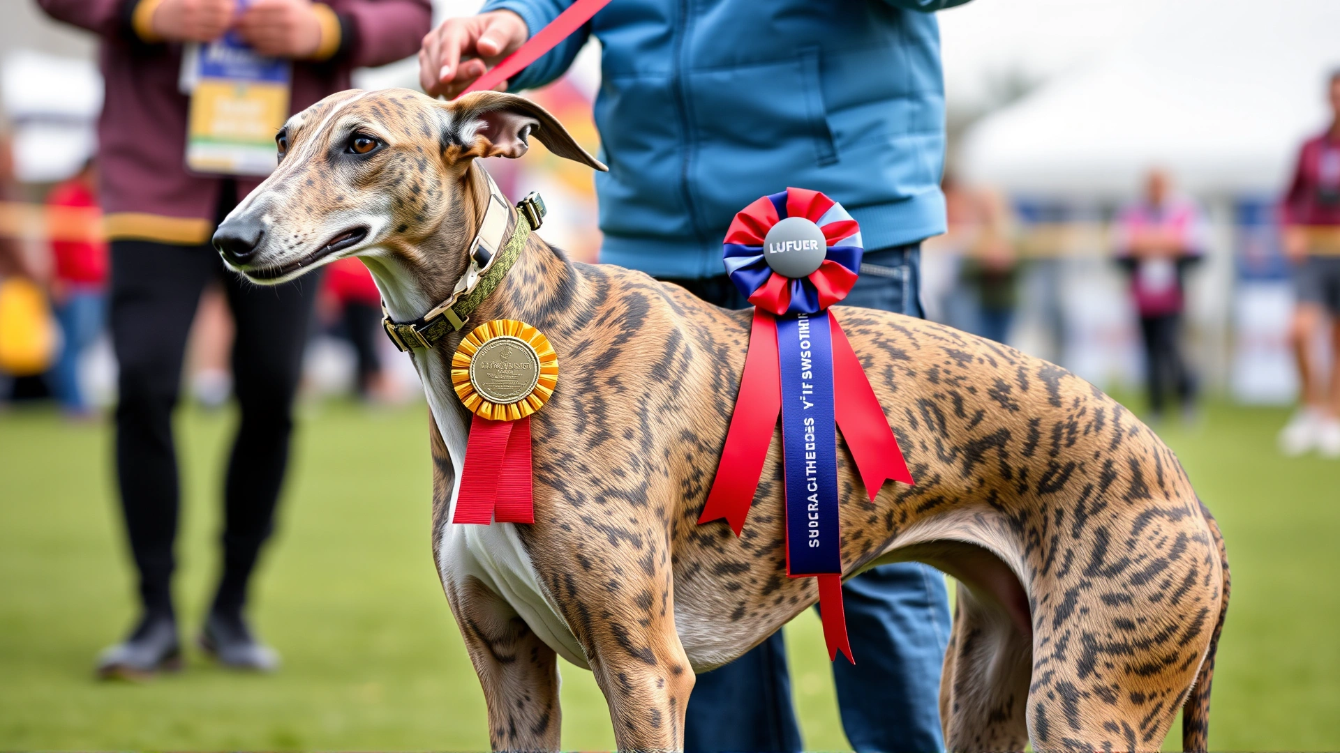 A victorious greyhound wearing a winner's ribbon and standing with its handler after a lure coursing competition, background with other participants.