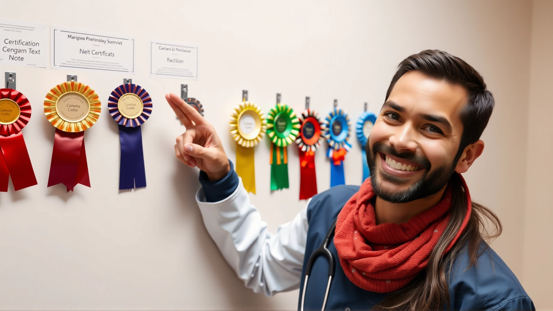 Veterinarian smiling and pointing at a wall where colorful certification ribbons hang (no readable text).