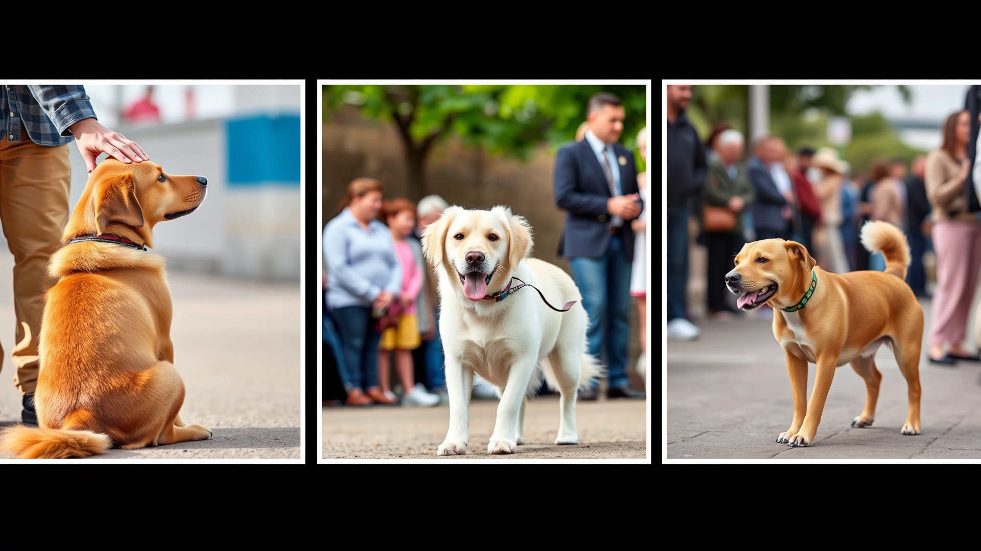 Collage-style photo showing different CGC test elements: dog sitting calmly while stranger greets handler, dog walking through a small crowd, and dog staying on command. Soft natural lighting, crisp focus.
