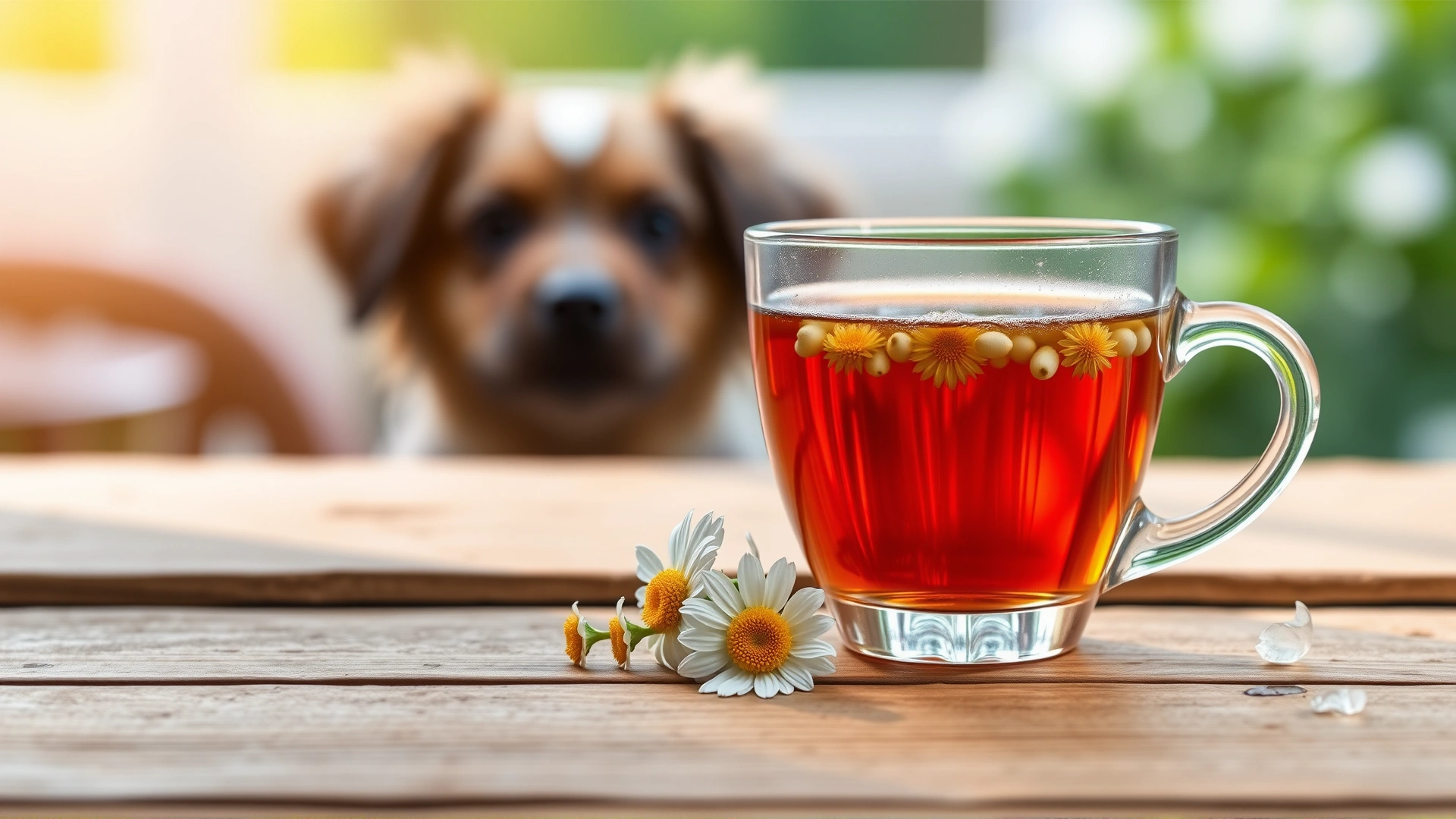 A transparent cup of cooled chamomile tea placed on a wooden table with fresh chamomile flowers beside it, small dog visible in bokeh background.