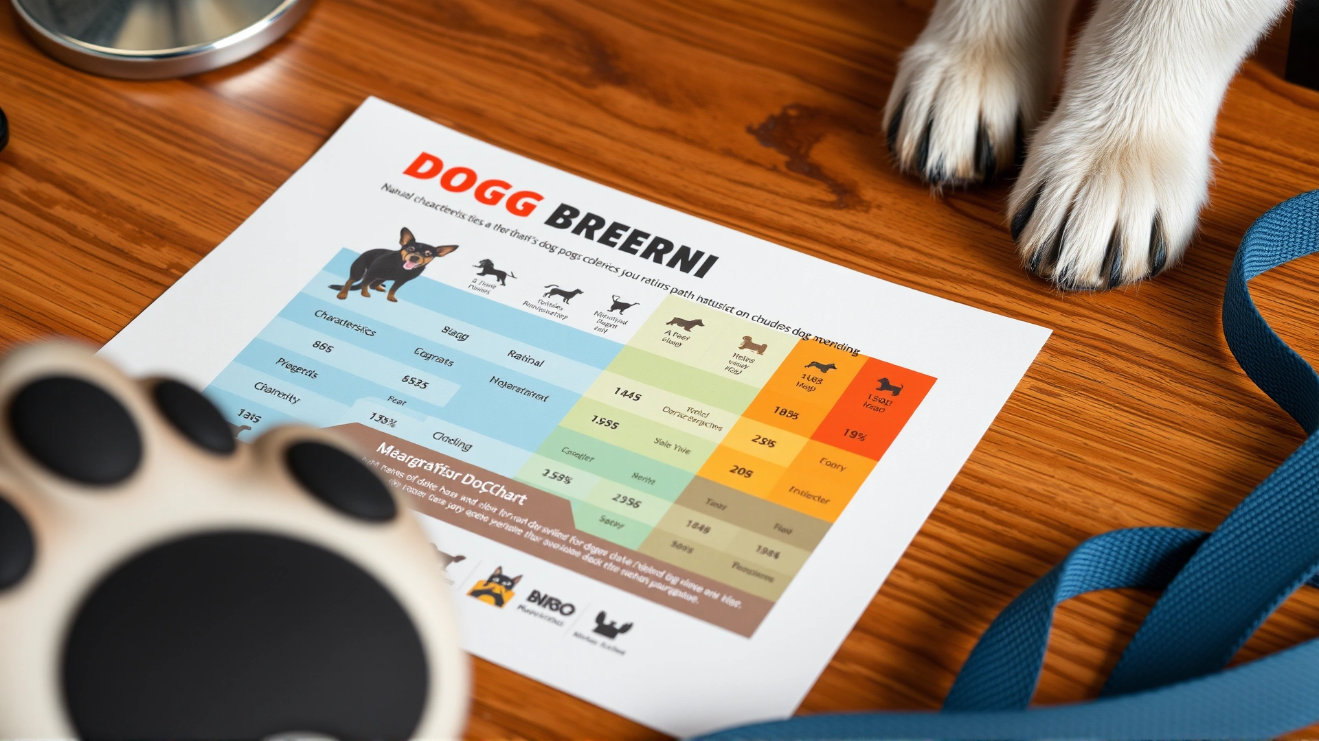 Flat-lay photo of a printed infographic chart rating dog breed characteristics on a wooden desk, with a paw and leash partly visible.