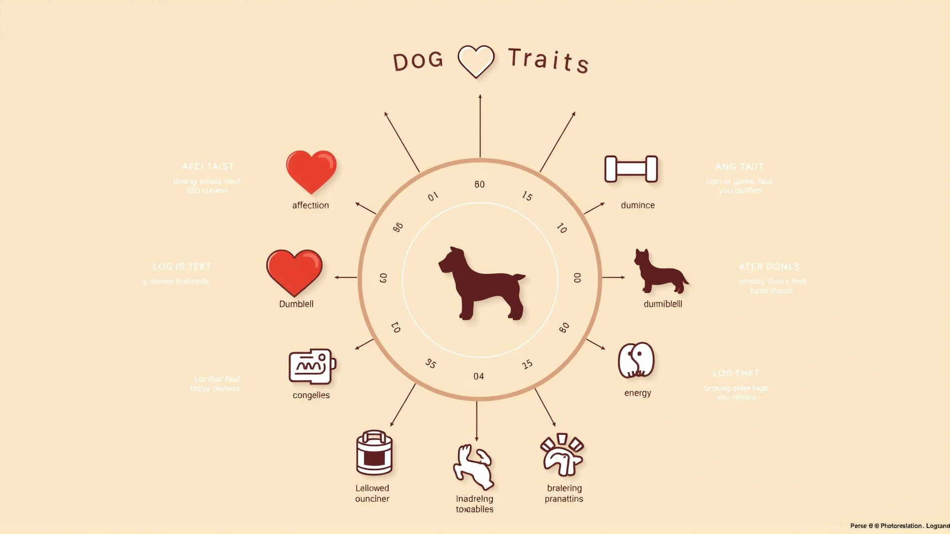 Minimalist infographic-style illustration showing icons representing dog traits (heart for affection, dumbbell for energy, etc.) arranged in a radial chart, warm neutral background, no text