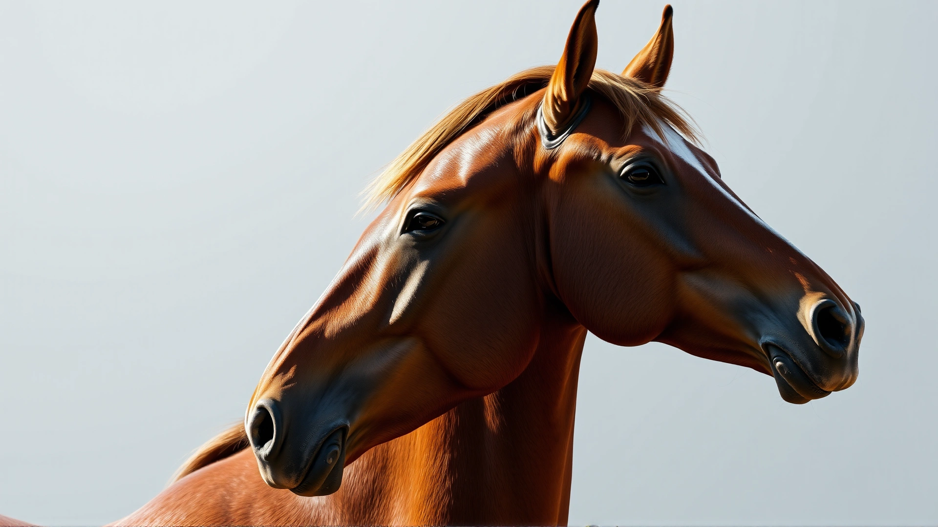 High-resolution side profile close-up of a chestnut Gidran horse highlighting its refined Arabian-like head, alert ears, and well-defined musculature