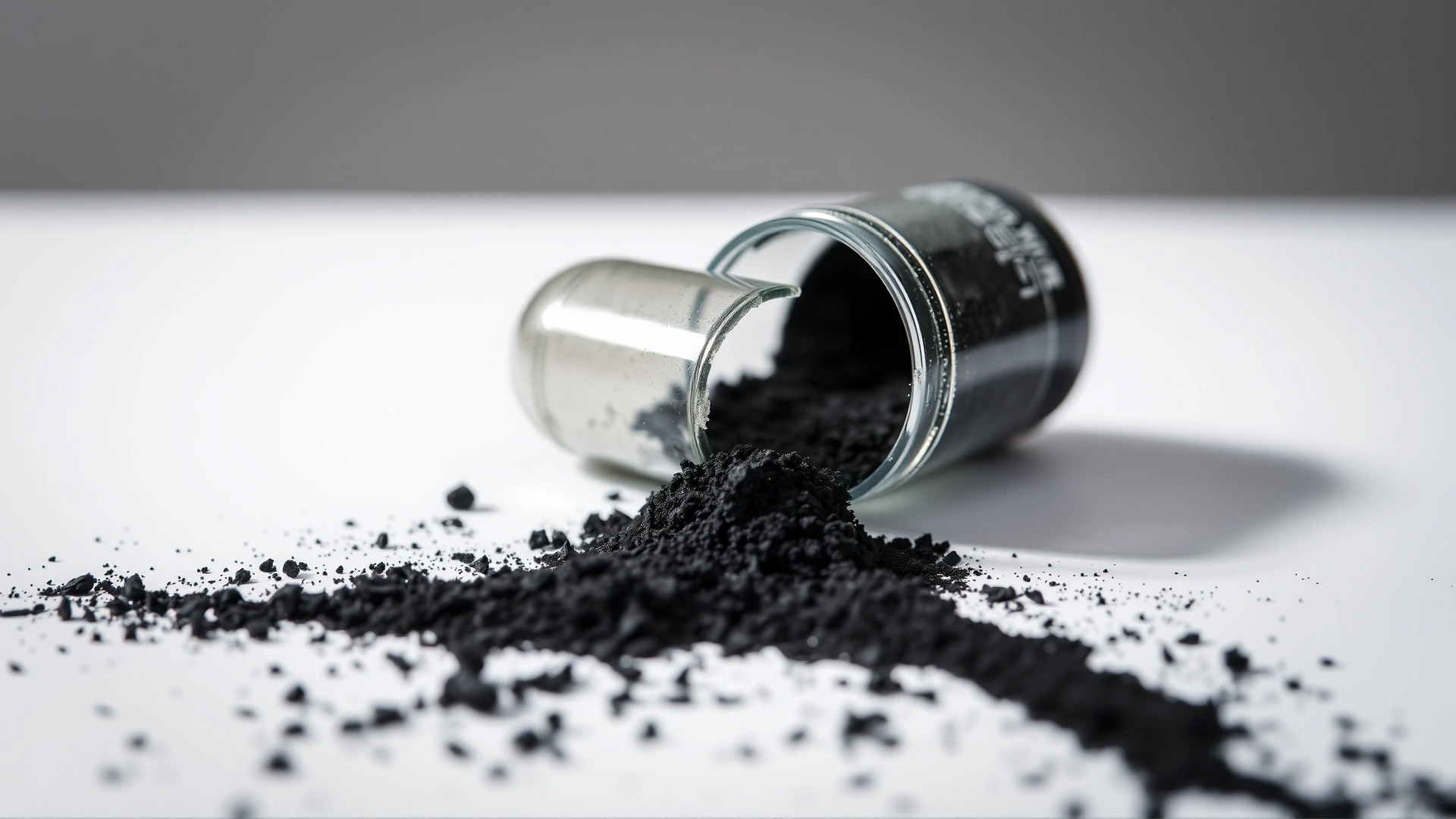 Macro shot of activated charcoal powder spilled from a capsule onto a white surface, emphasizing texture and purity.