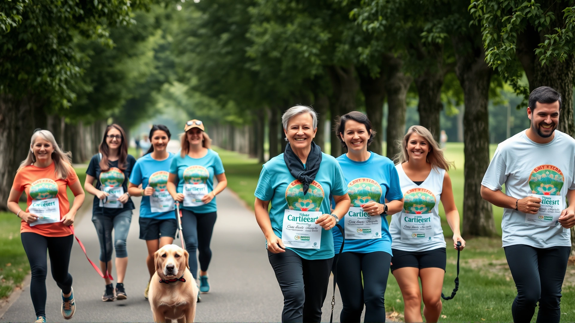 Group of smiling people walking their dogs wearing charity event bibs on a tree-lined path.