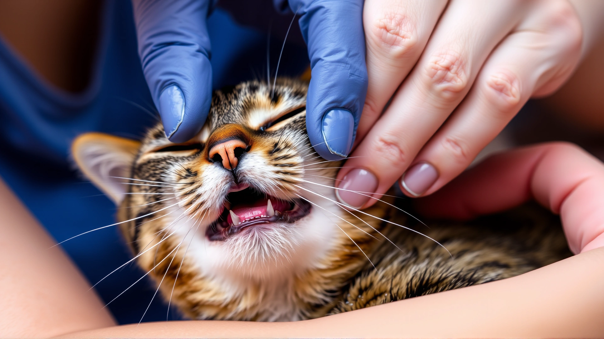 Close-up of hands gently opening a cat’s mouth and extending its neck to check for airway obstruction; clear detail on the cat’s face and owner’s hands