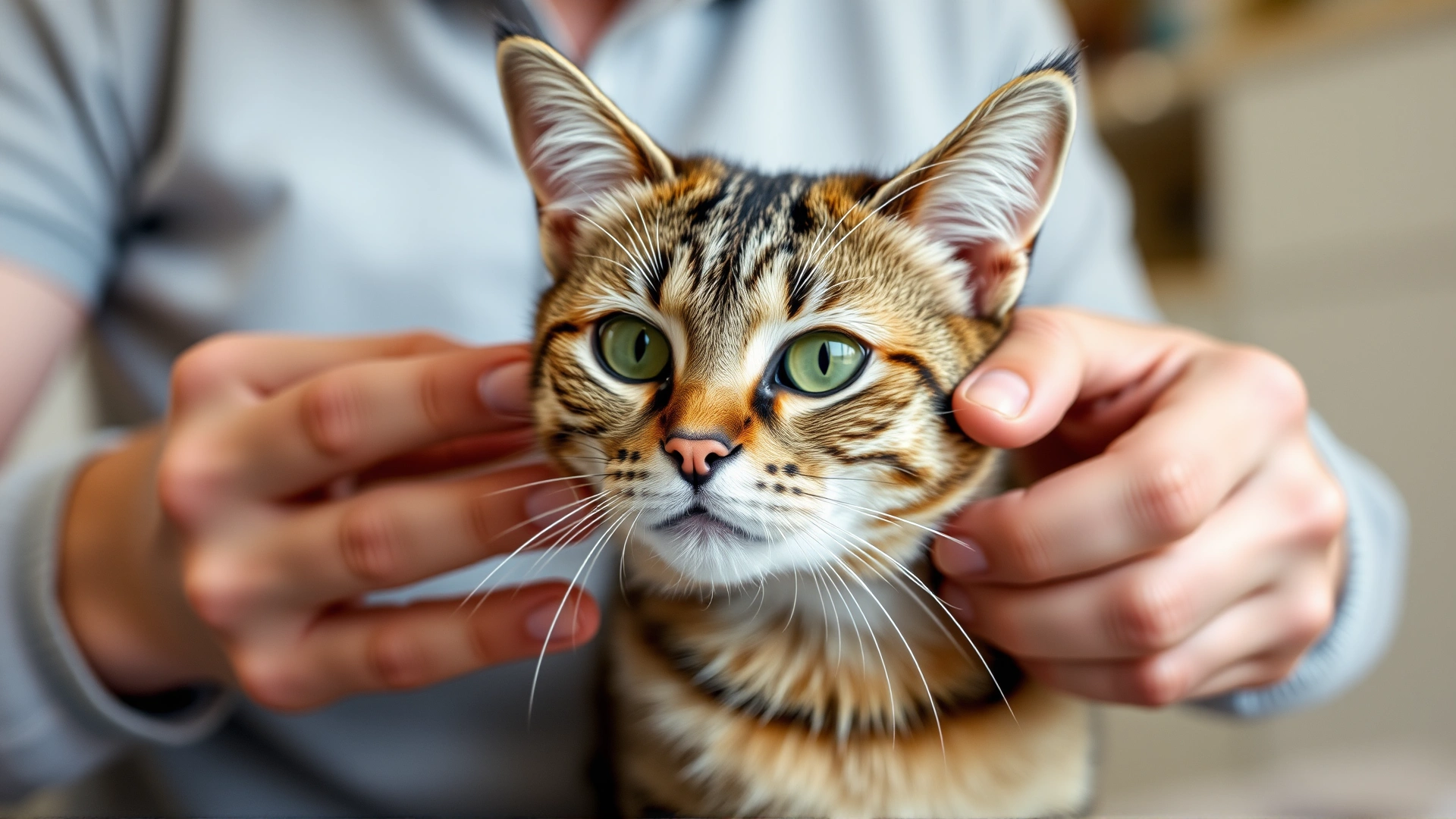 Owner parting the fur of a tabby cat indoors to inspect for ticks, close-up focus on hands and fur