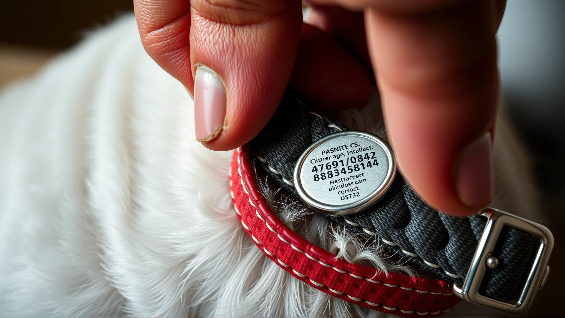Macro shot of a hand lifting a dog collar to reveal an ID tag with contact information