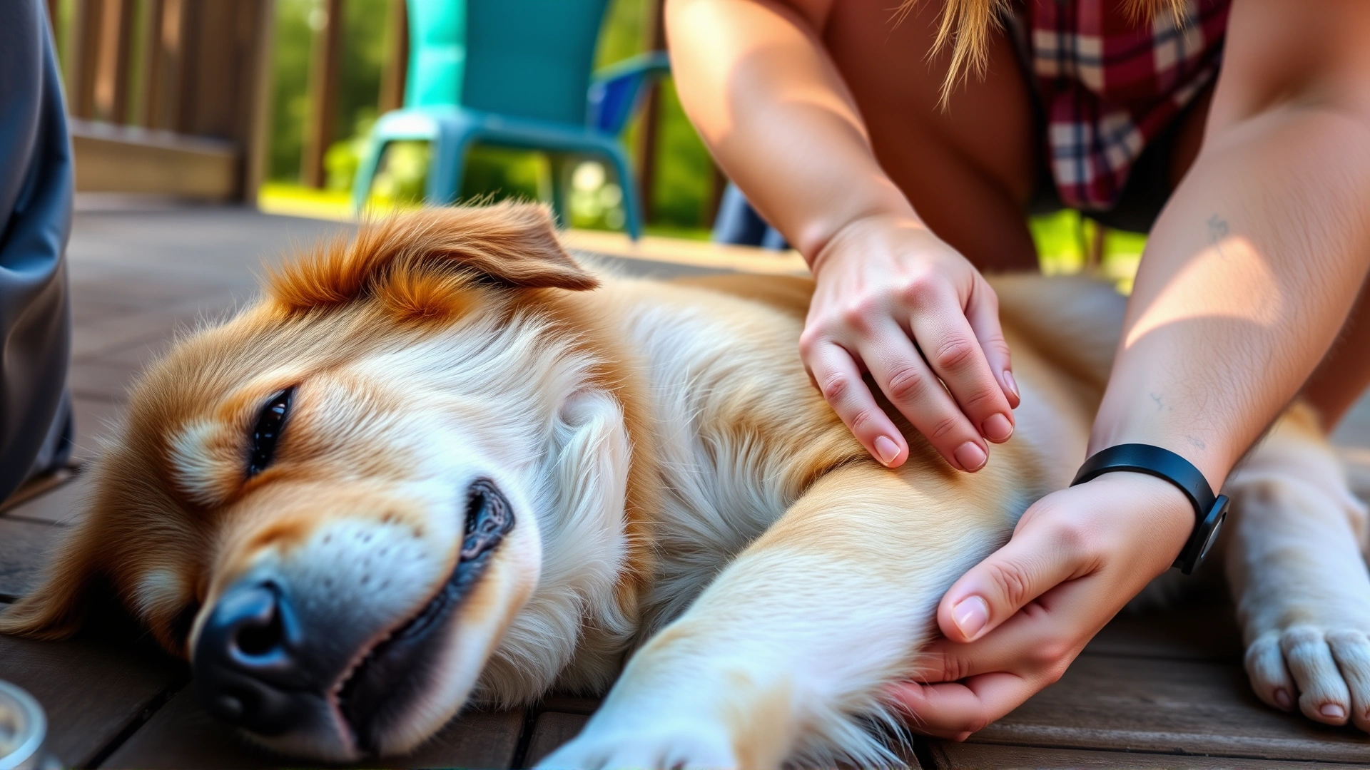 Owner gently spreading the paw pads of a medium-sized dog to inspect for ticks, dog lying calmly on a wooden deck, sunny ambience, no text