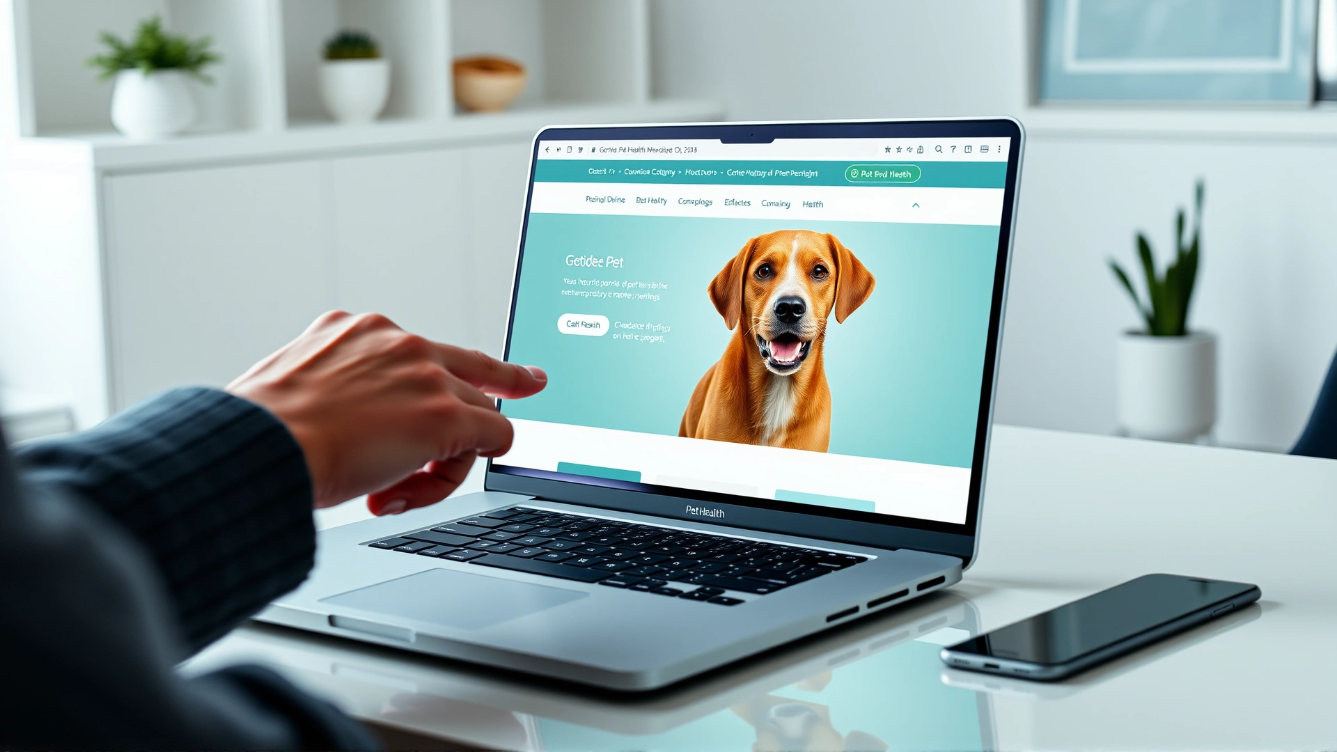 Over-the-shoulder view of a laptop displaying a generic pet health website interface (no readable text), with a person pointing at the screen; modern, clean workspace.