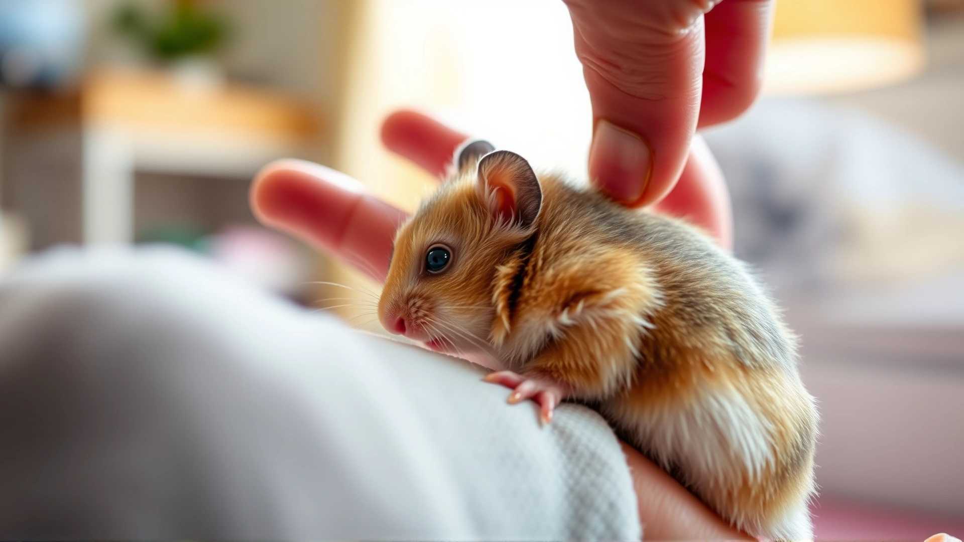 Hand gently touching a hamster's back to check if it is in torpor, showing care and concern, indoor setting with soft light.
