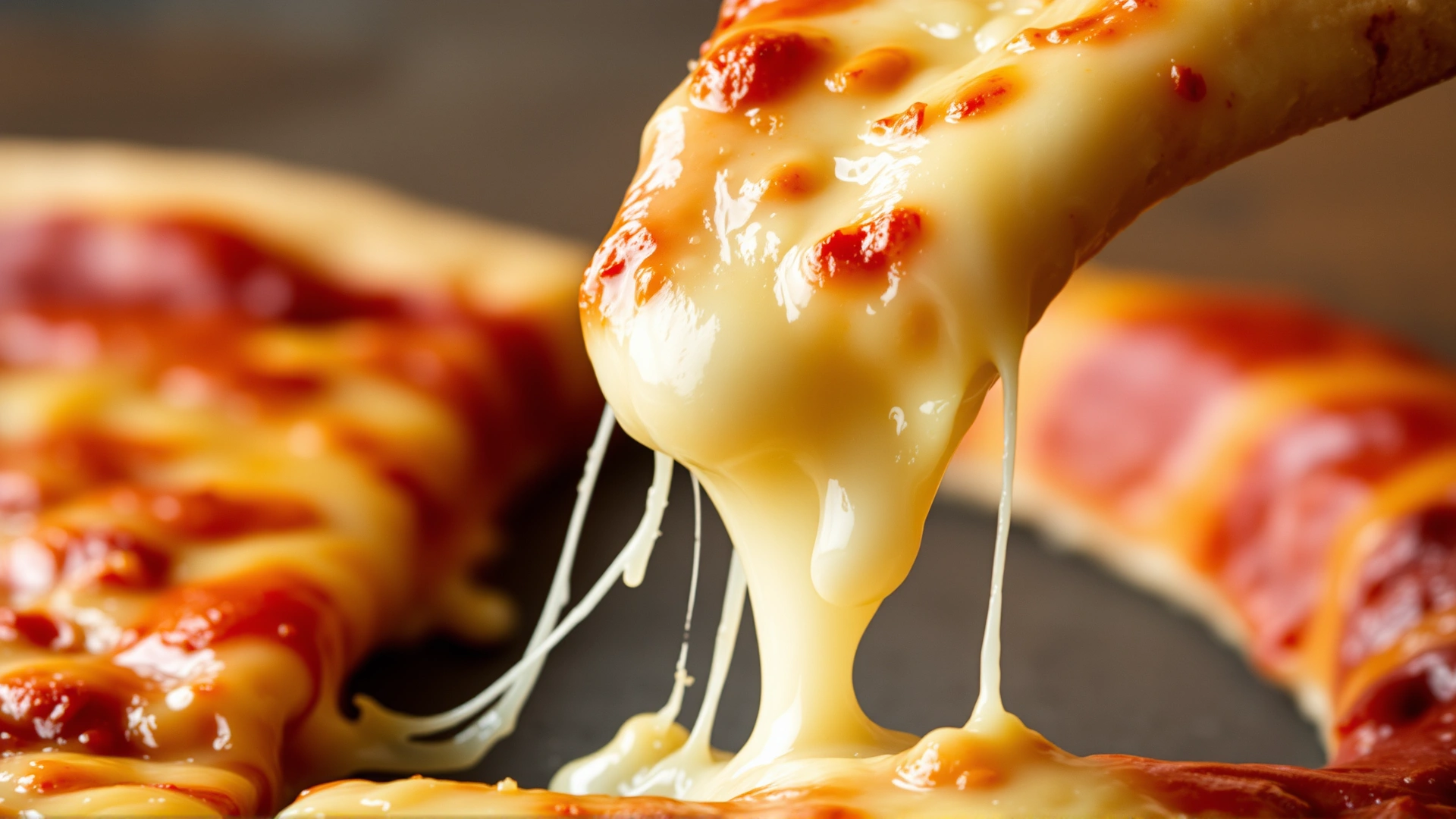 Macro shot of melted mozzarella cheese stretching from a pizza slice, highlighting greasy texture, no text