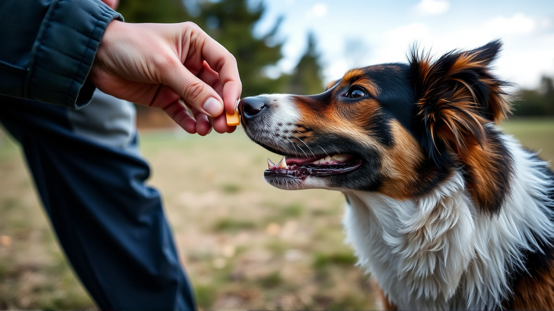 Close-up of hand giving a small cheese cube to an attentive dog during a training session outdoors