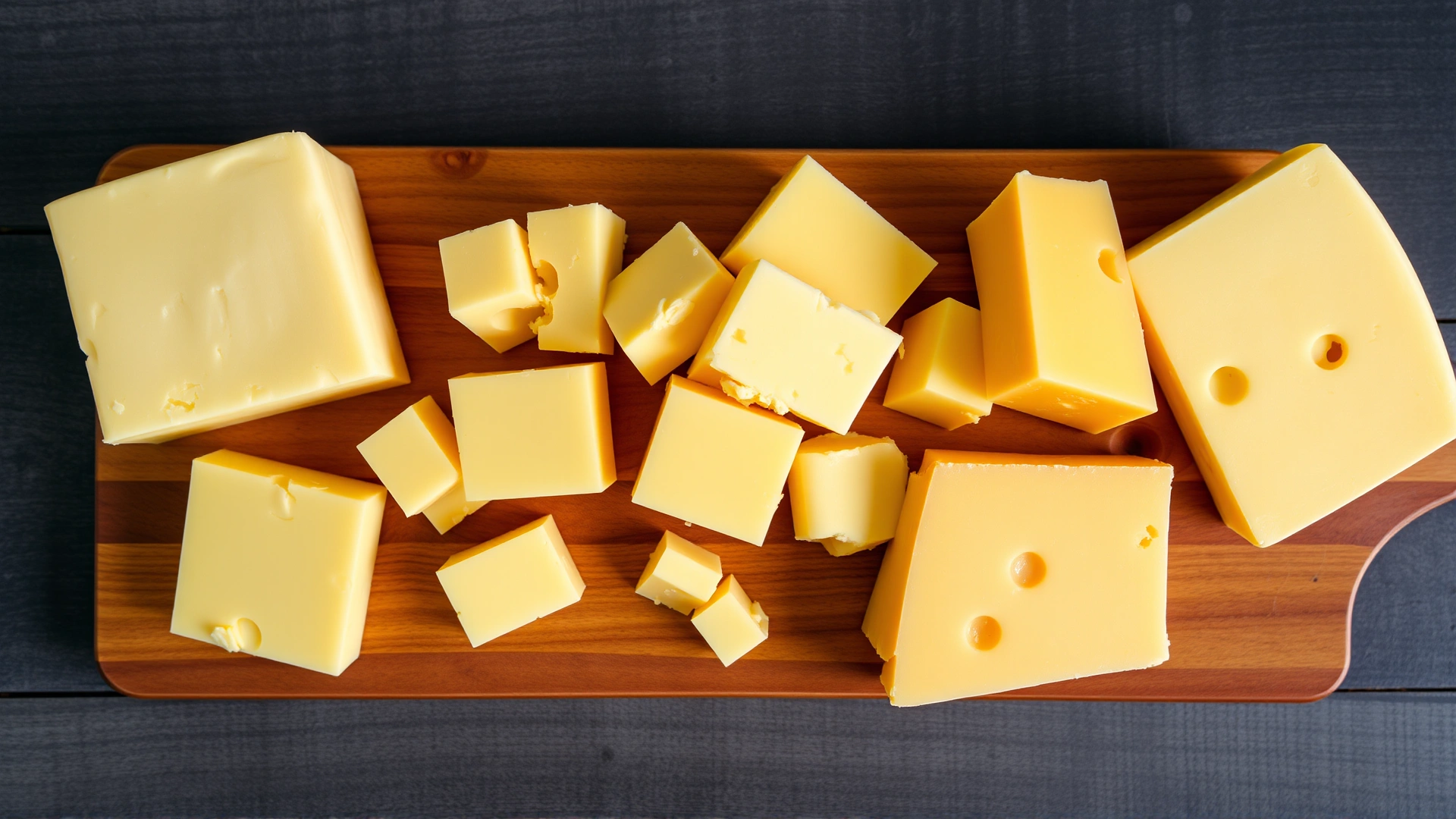 Top-down photo of different hard cheese cubes (cheddar, swiss, gouda) on a wooden board, no text
