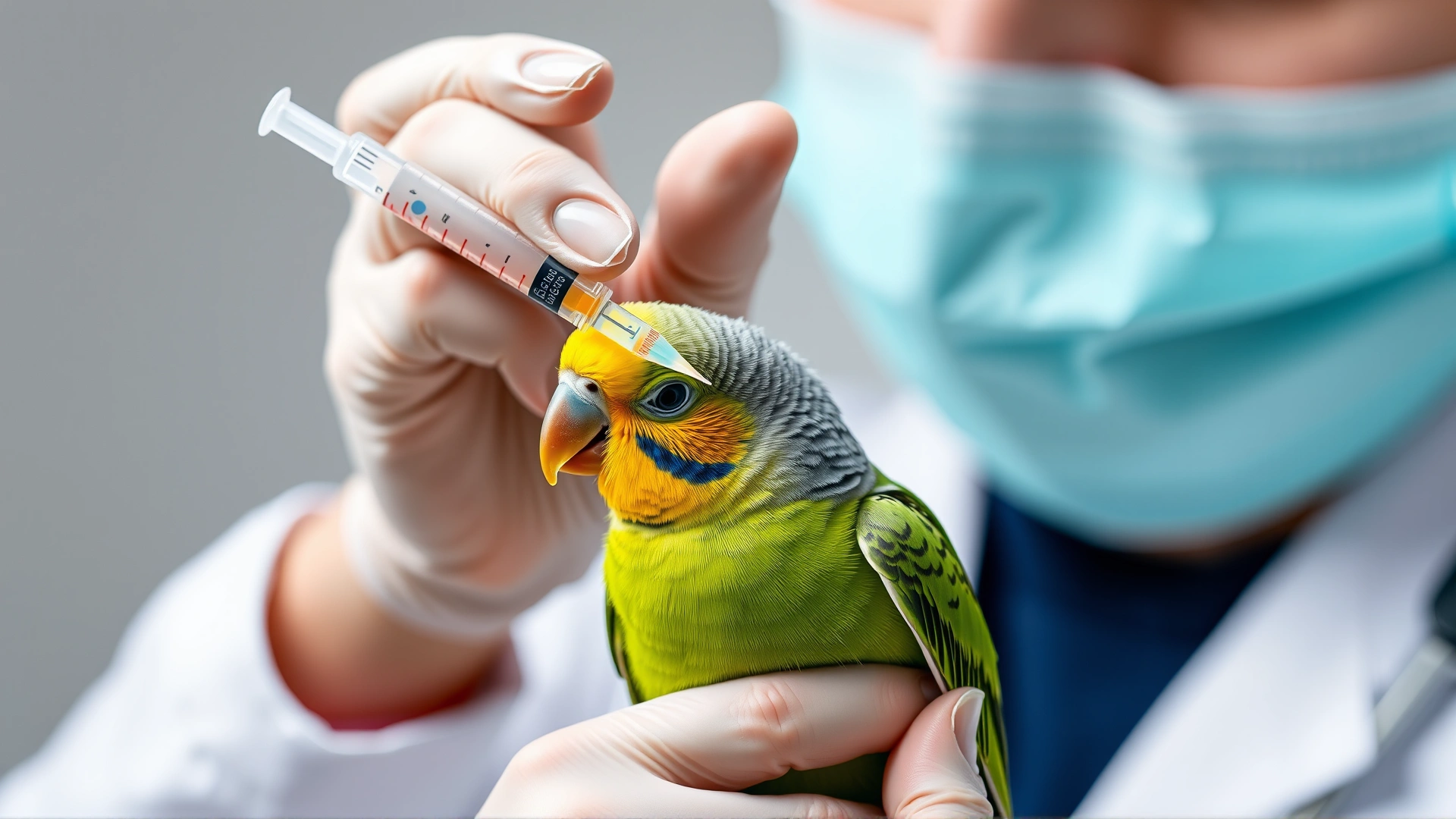 Veterinarian gently administering liquid medication to a green parakeet using a small syringe, representing chelation therapy.