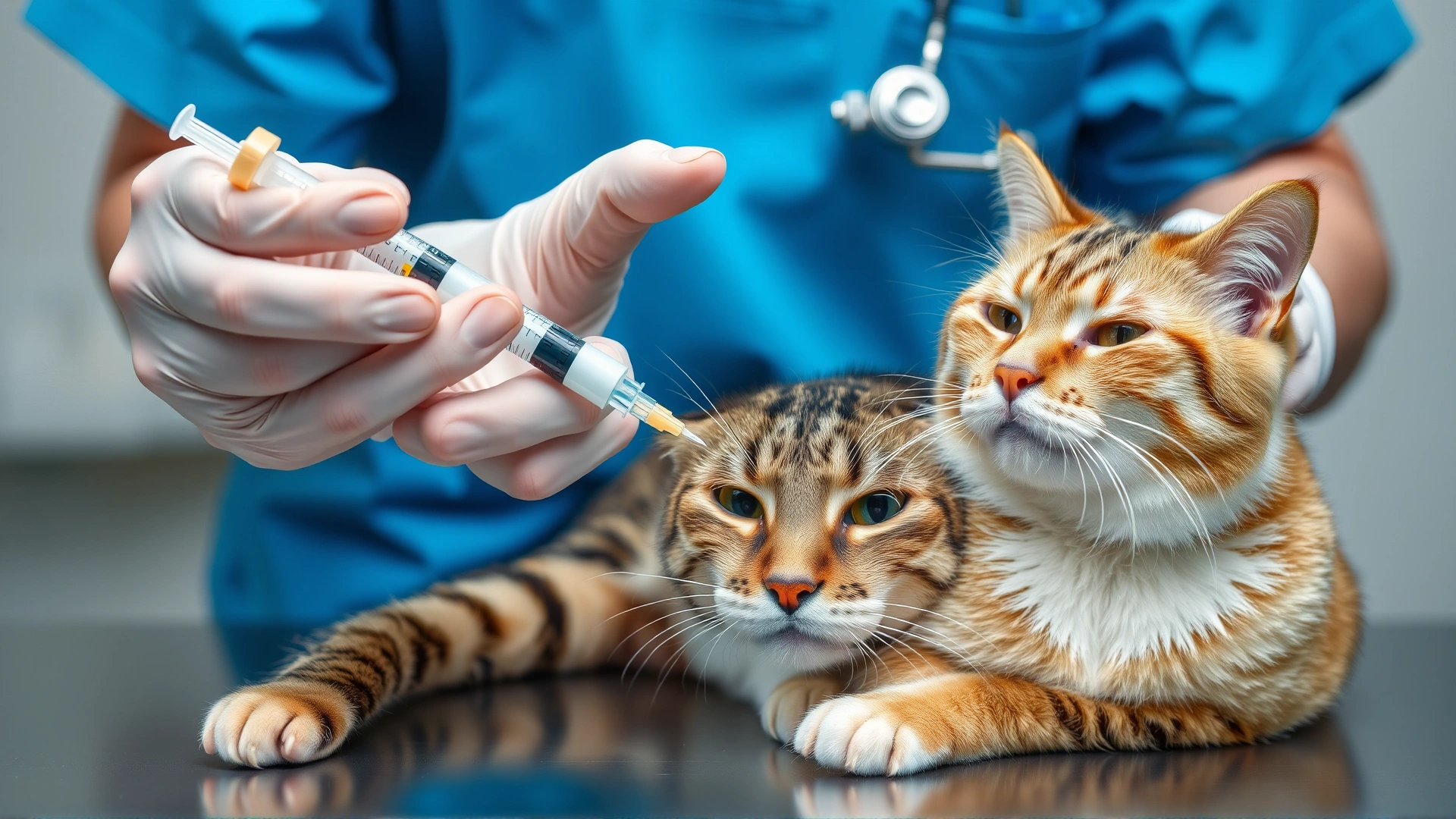 Veterinarian administering an intramuscular injection to a calm cat on an examination table, focus on the syringe and the professional technique.