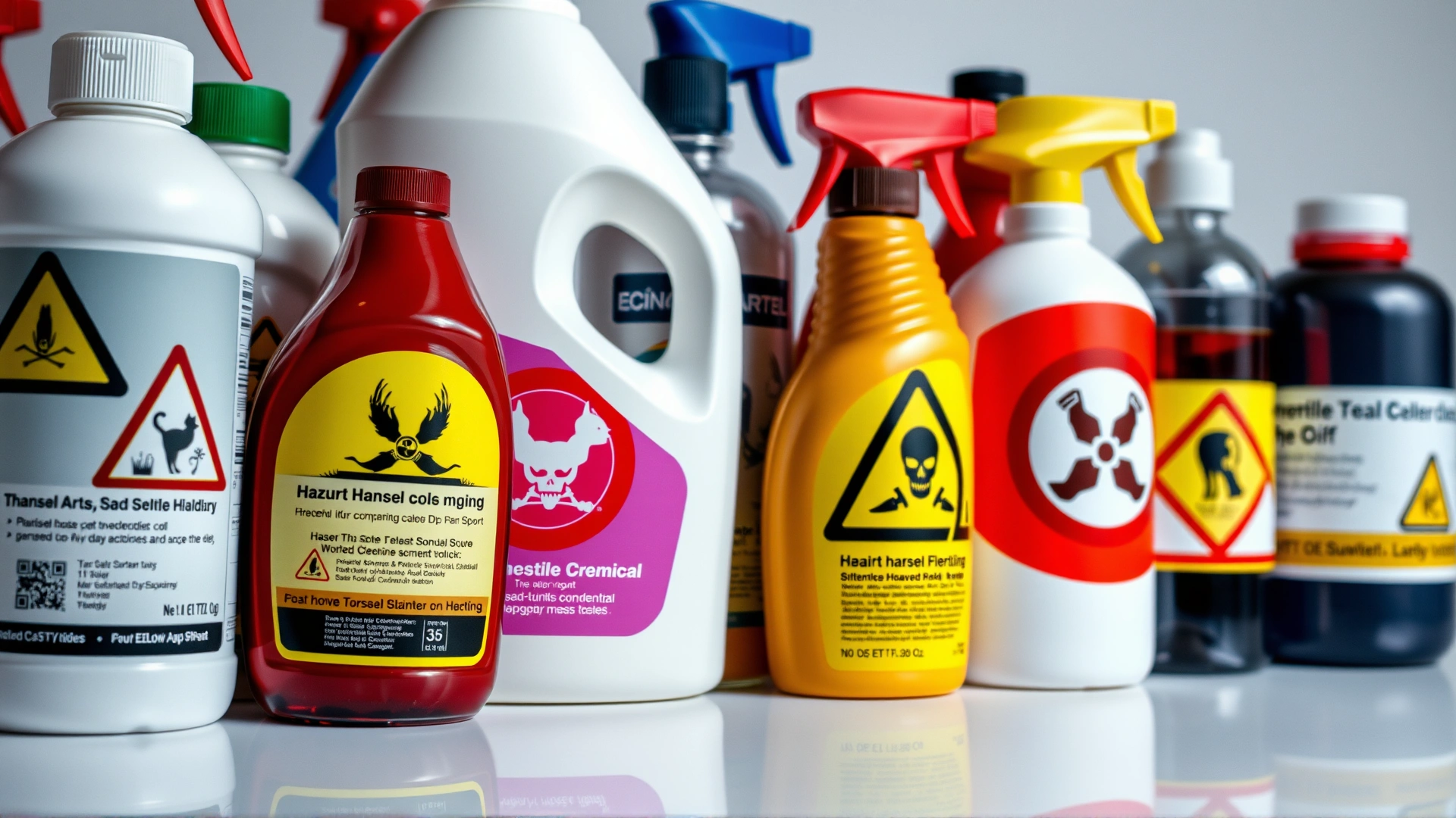 Close-up lineup of various household cleaner bottles with prominent hazard symbols on a white background, representing potentially toxic chemicals to cats
