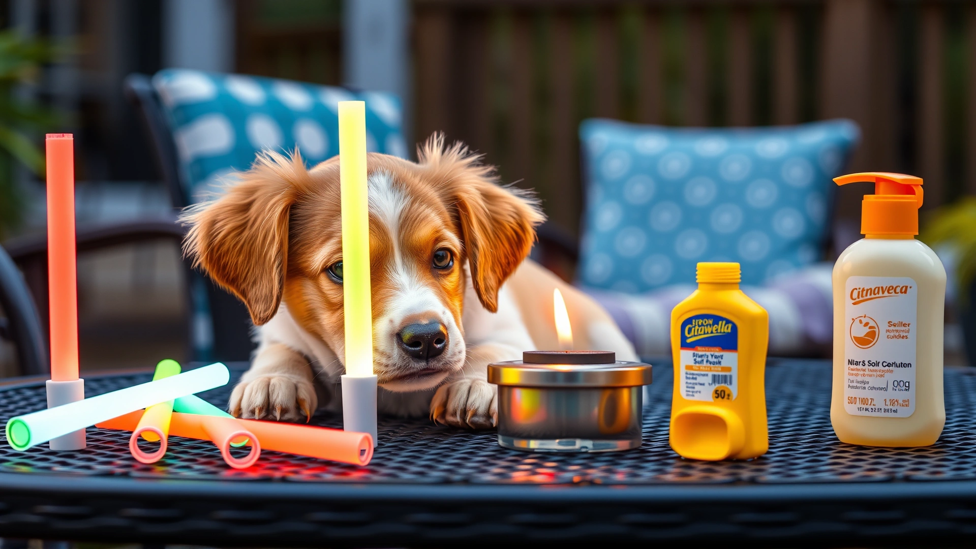 A curious puppy sniffing colorful glow sticks, a citronella candle, and a bottle of sunscreen placed on a patio table