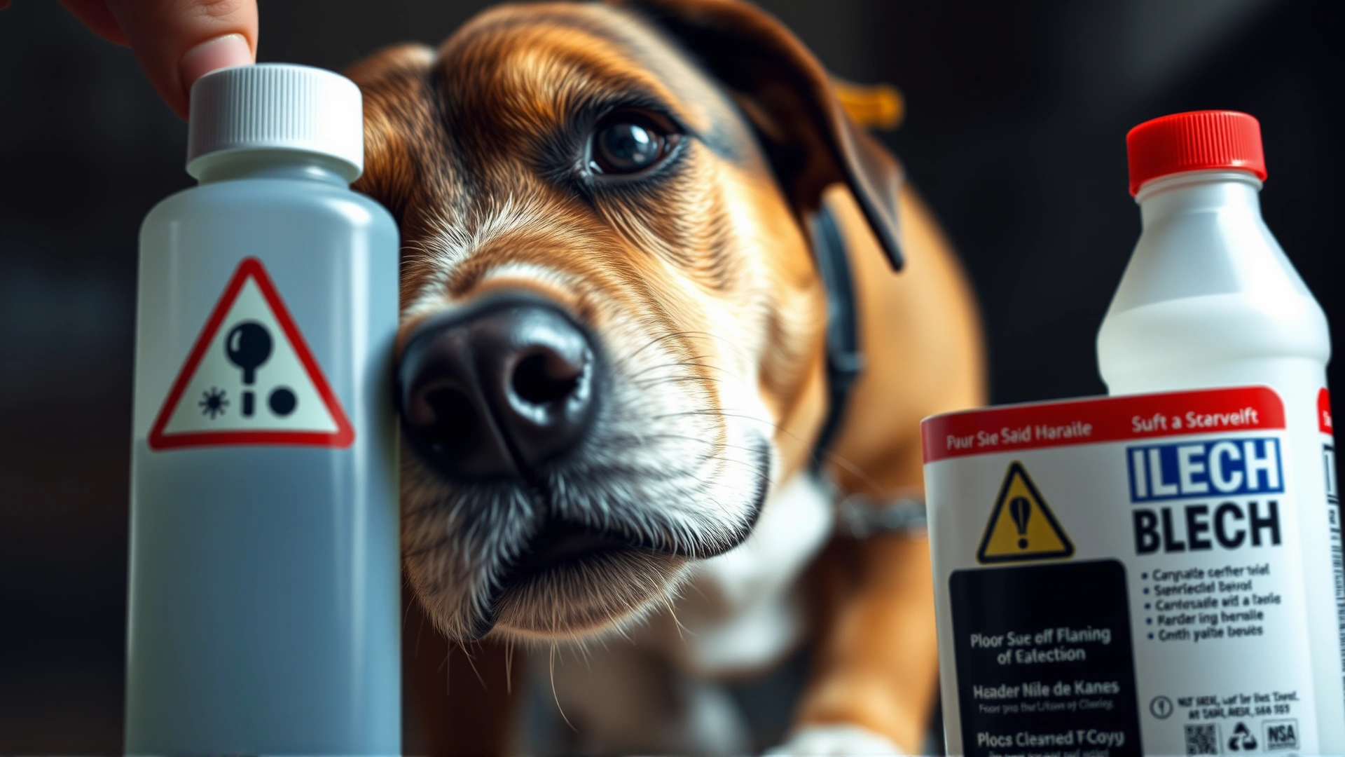 Close-up of a curious dog sniffing a conventional bleach bottle with a subtle hazard symbol, shallow depth of field to emphasize potential danger.
