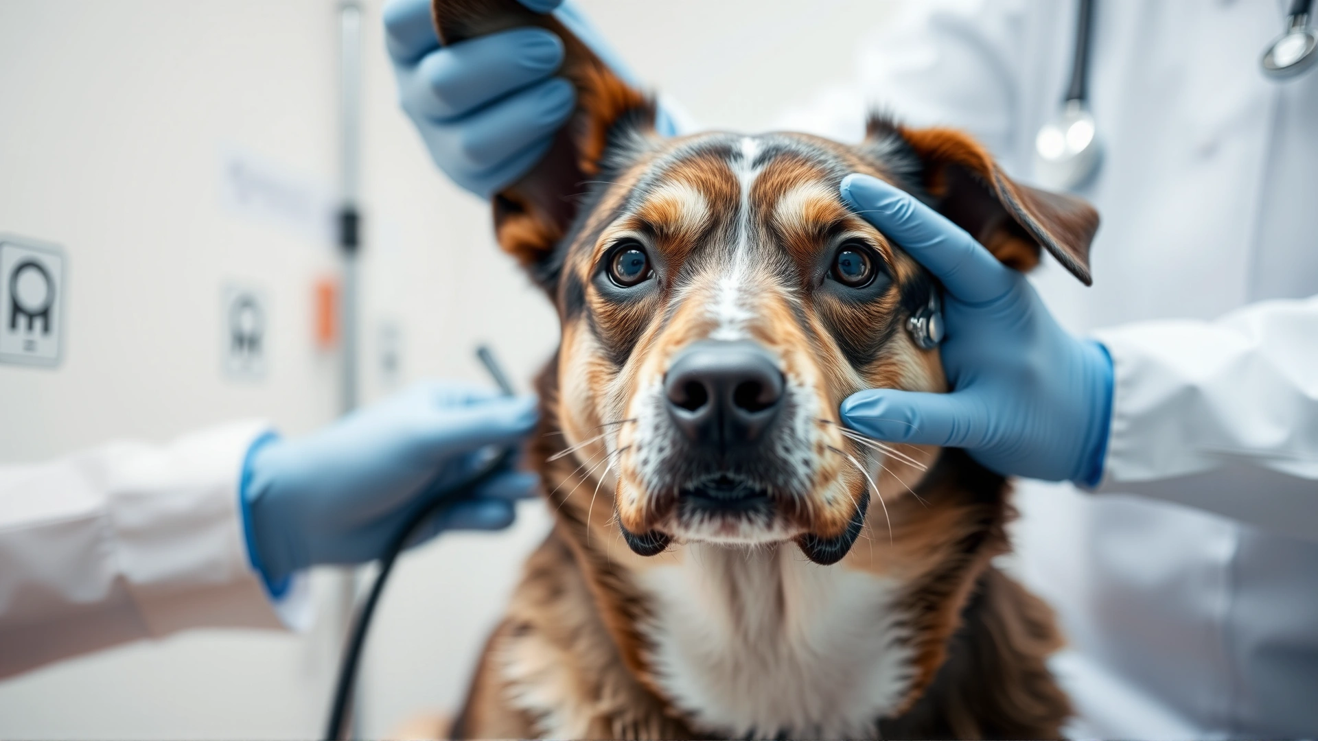 Close-up of a veterinarian administering intravenous chemotherapy to a medium-sized dog in a clean clinic setting; focus on the IV line and the calm expression of the dog.