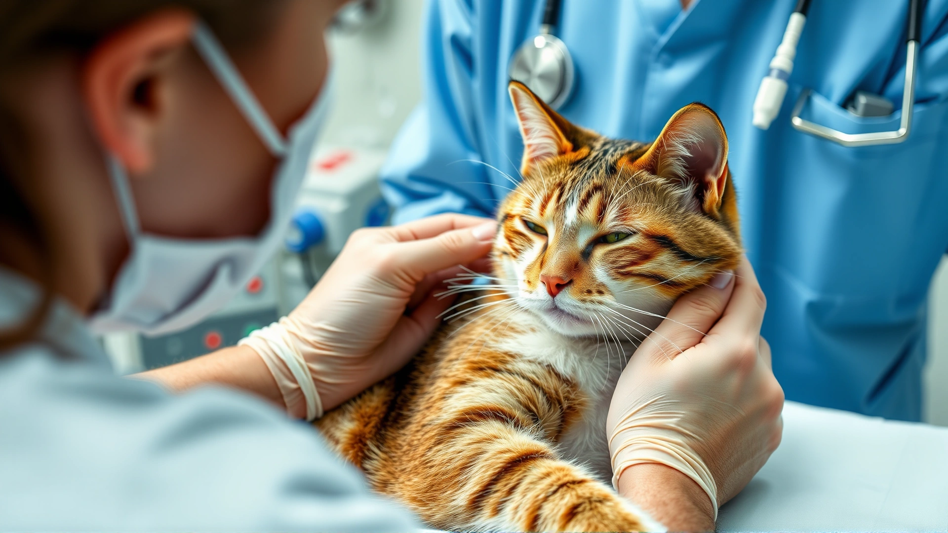 Veterinarian administering intravenous chemotherapy to a sedated cat in a clinical setting, with IV line and monitoring equipment visible
