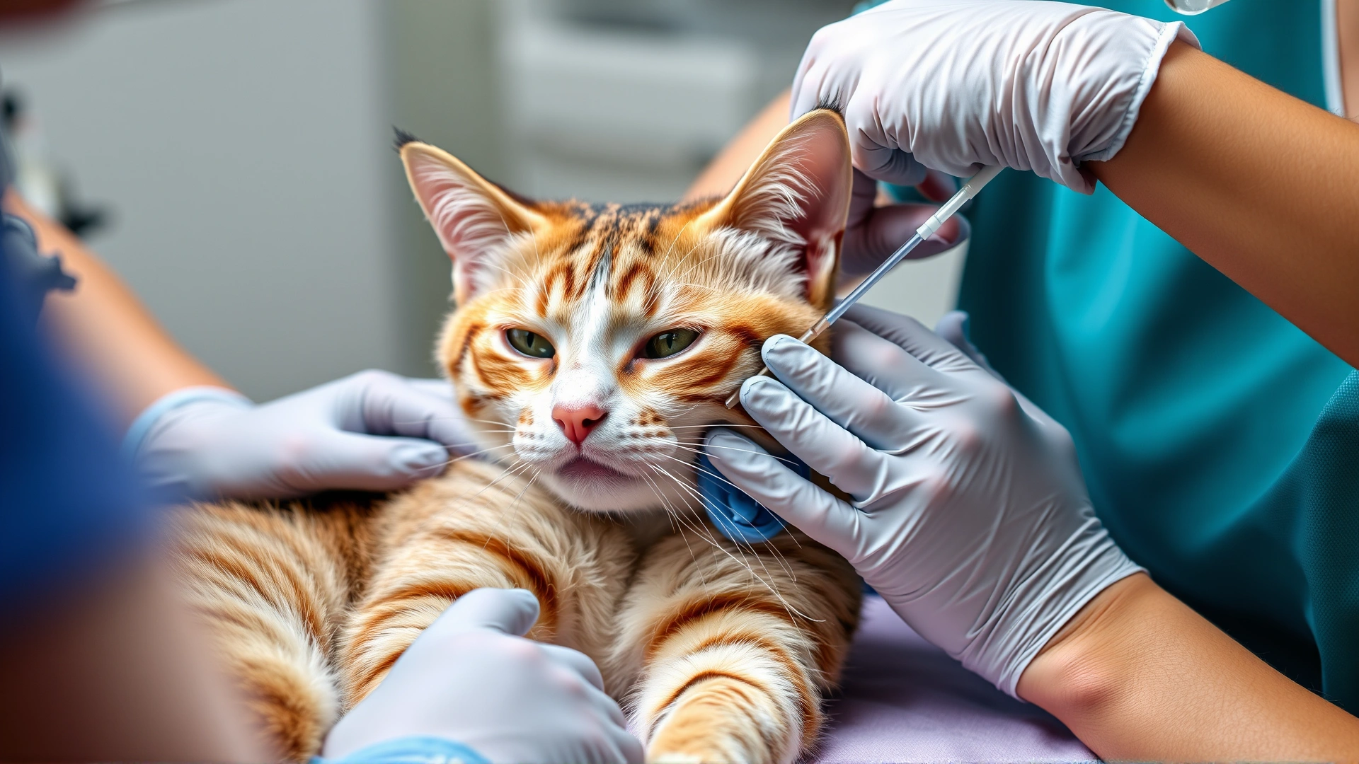 Veterinarian wearing protective gloves administering intravenous chemotherapy to a calm cat through a catheter while another assistant gently restrains the cat.