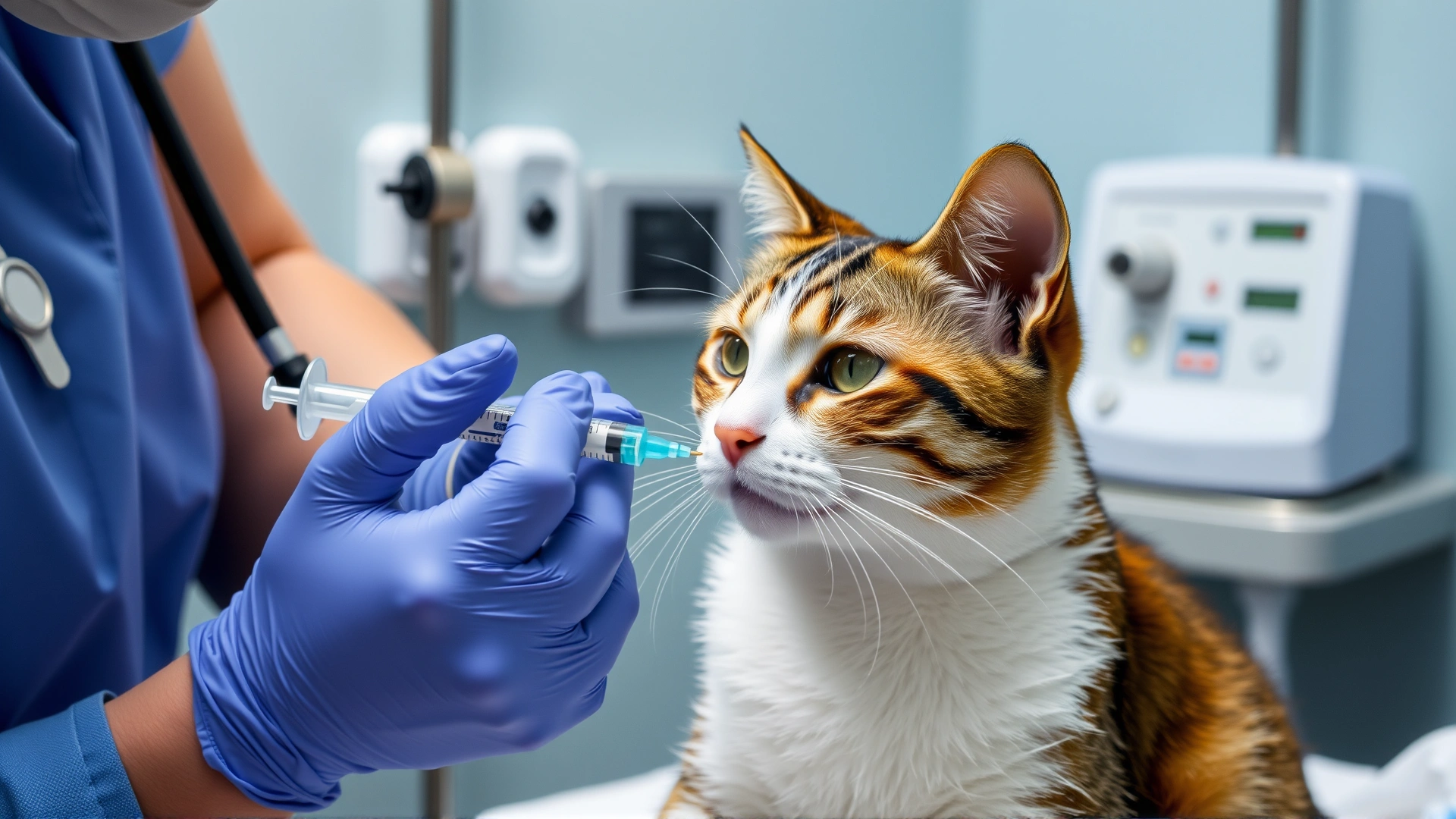 Veterinarian wearing protective gloves administering chemotherapy medication to a calm cat via syringe in a dedicated treatment room, IV stand in background, no text
