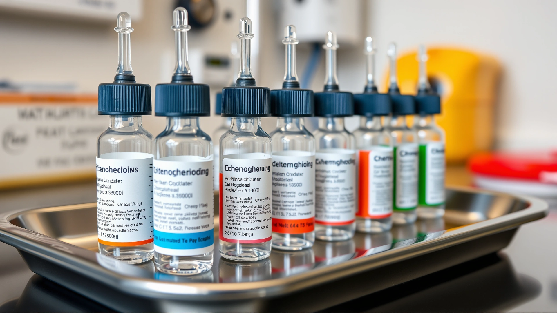 Macro shot of veterinary chemotherapy drugs and syringes arranged neatly on a stainless steel tray in a clinic; labels blurred, no text visible.