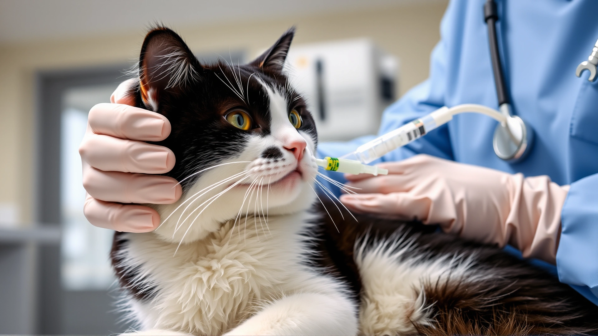 Veterinarian wearing protective gloves administering intravenous therapy to a cooperative black-and-white cat in a modern clinic, IV line and equipment visible.