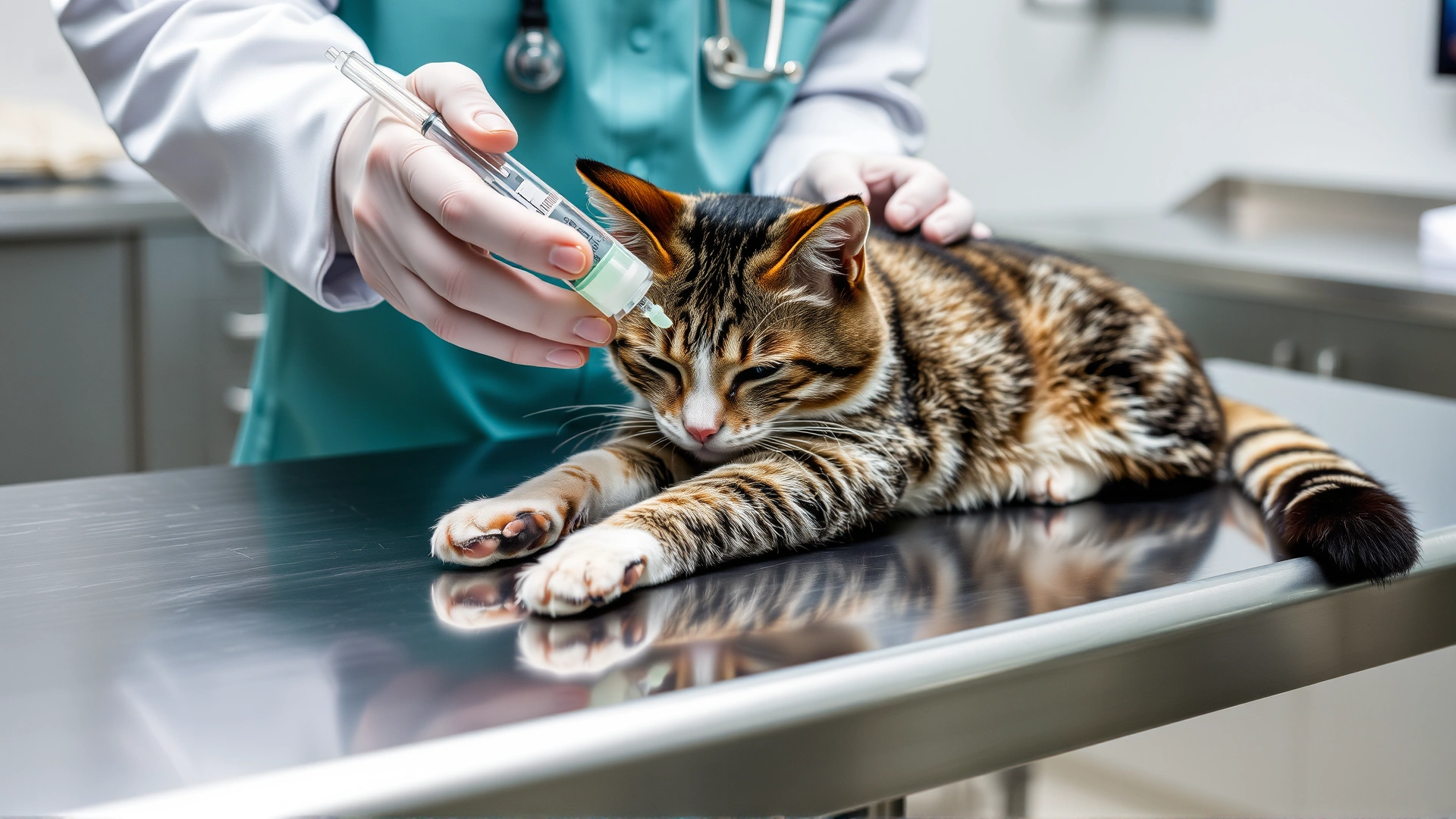 Veterinarian administering IV chemotherapy to a sedated cat on a stainless steel examination table, clinical setting.