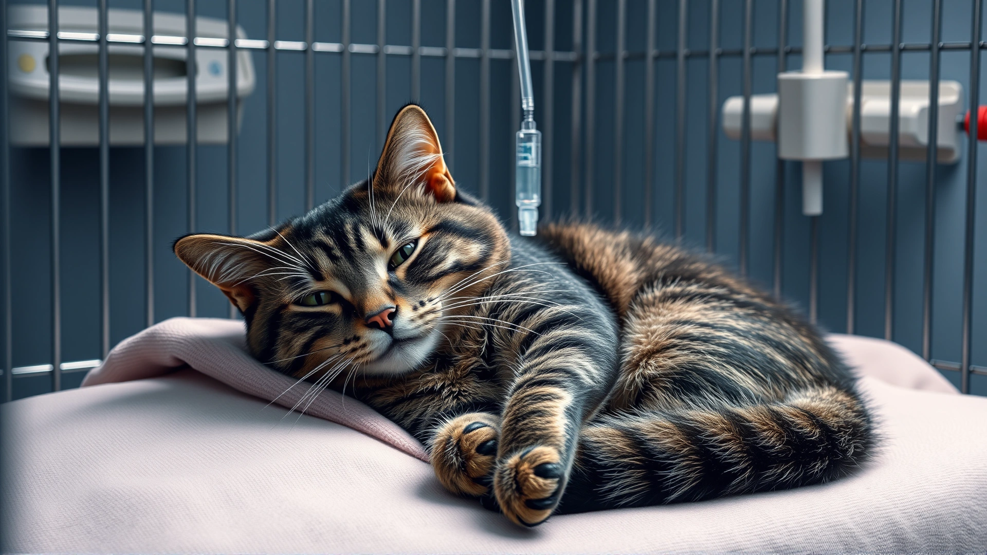 Cat lying calmly on a soft blanket inside a clinic cage while receiving intravenous chemotherapy through a catheter.