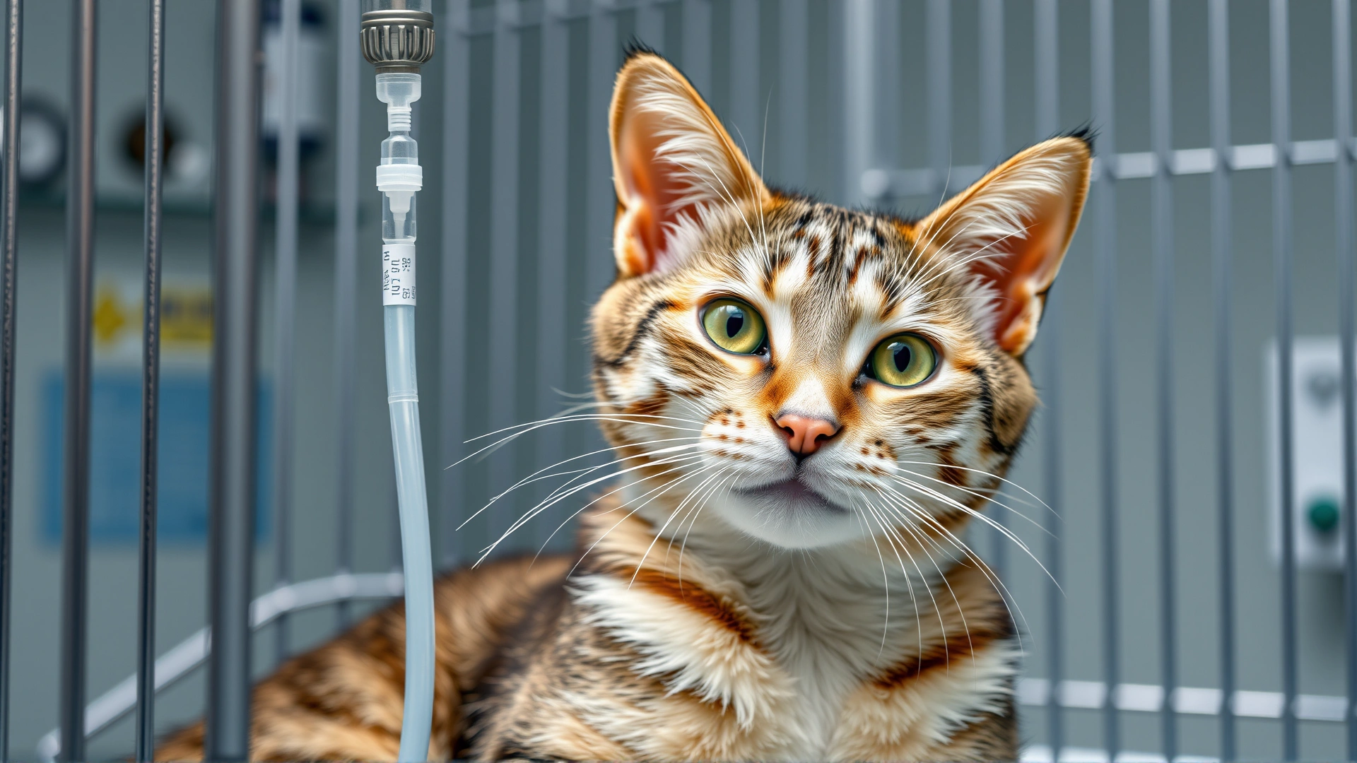 A cat receiving intravenous therapy through a catheter in a veterinary hospital cage, representing chemotherapy treatment.