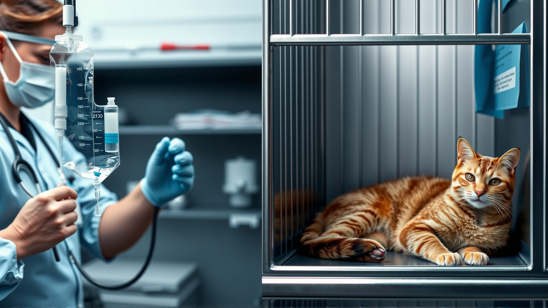 Composite image showing on the left a veterinarian preparing a chemotherapy IV bag and on the right a calm cat resting in a treatment kennel, soft hospital lighting.