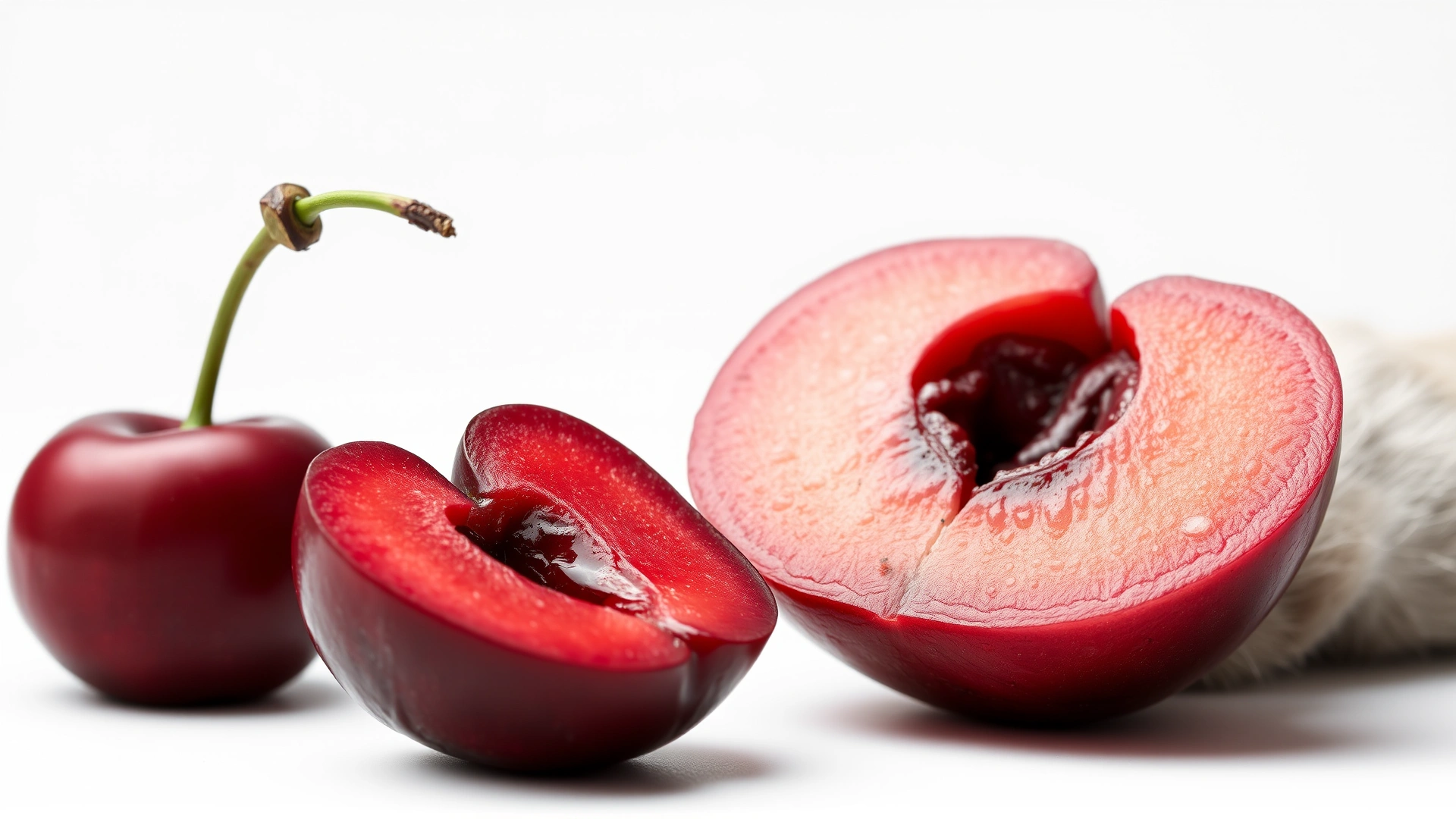 Extreme close-up of a cherry cut in half exposing the pit next to a dog's paw on a white background