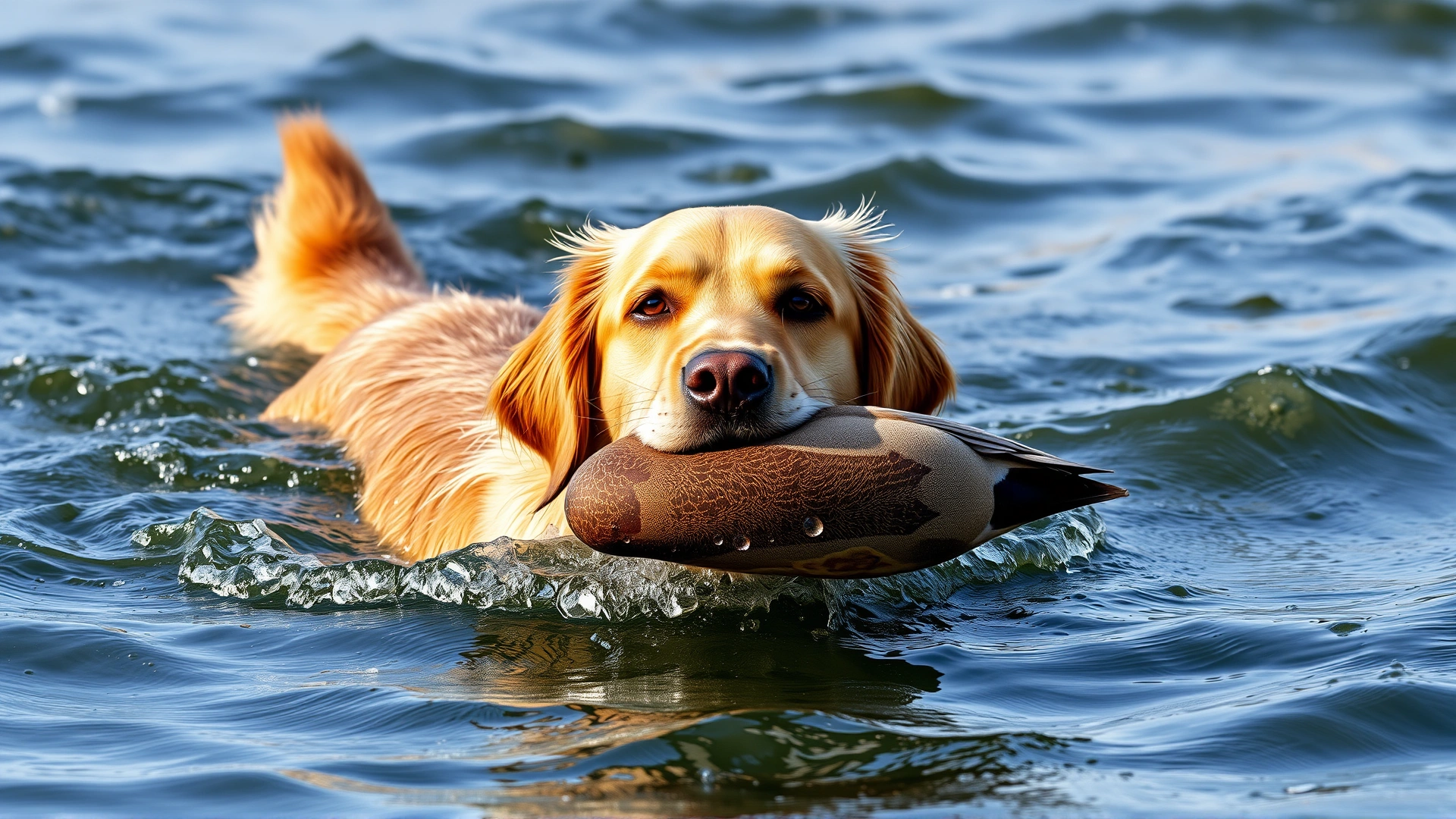 Chesapeake Bay Retriever swimming in cold choppy water with a duck in its mouth
