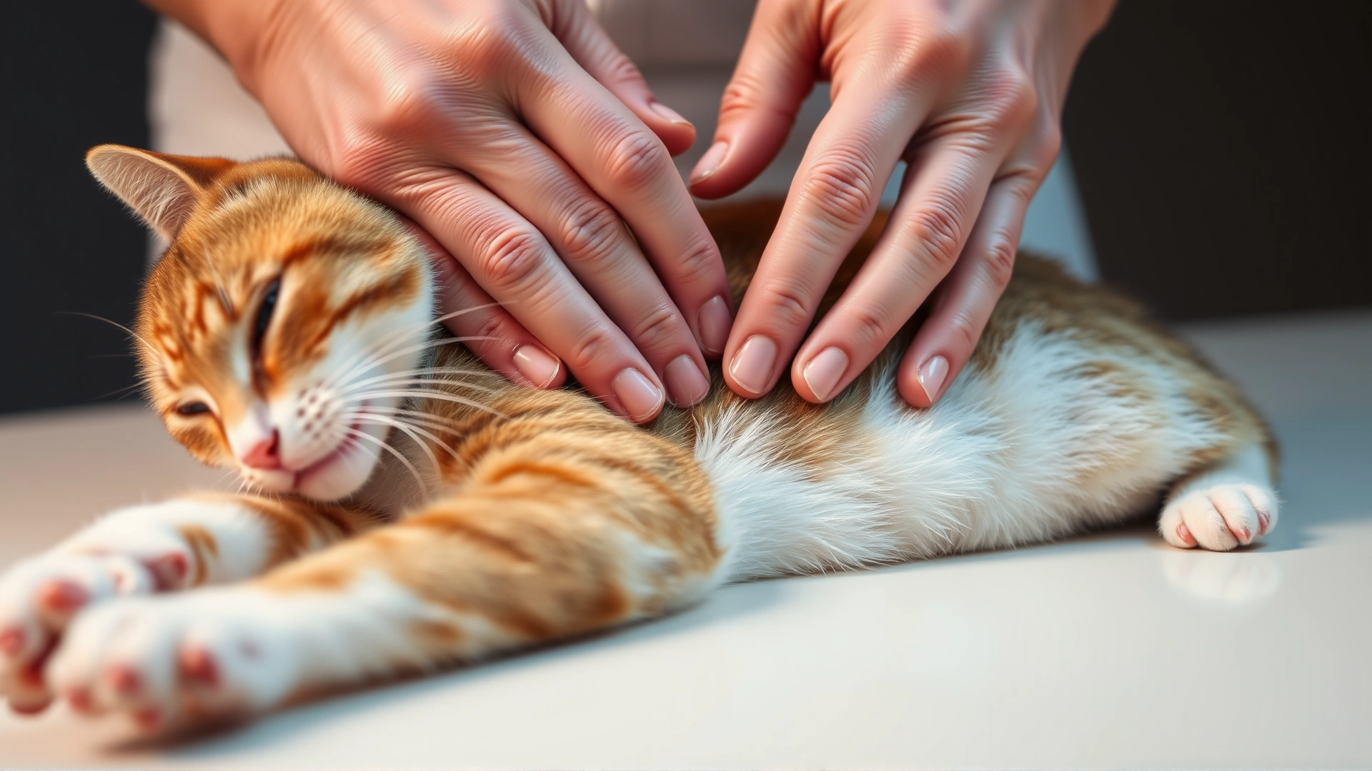 Hands positioned correctly on a cat’s chest performing CPR compressions; detailed focus on hand placement and depth