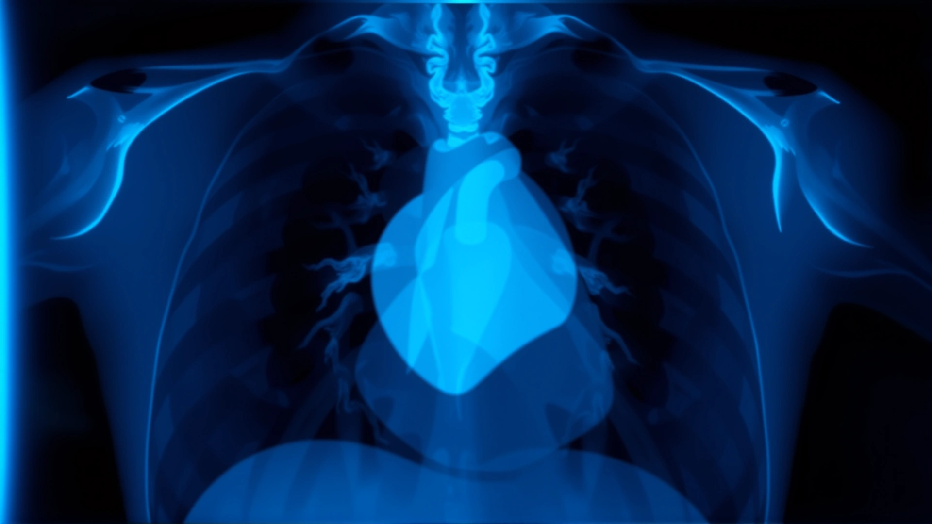 High-resolution radiograph image of a cat's thorax showing an enlarged cardiac silhouette and pulmonary edema; neutral blue tint, no annotations.