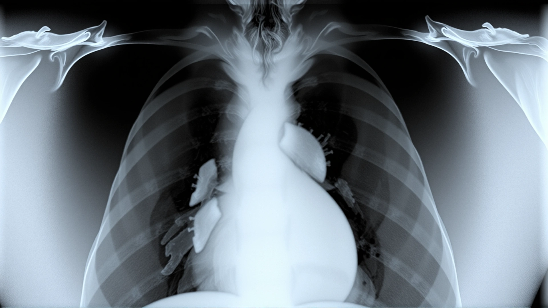 High-contrast lateral X-ray image of a cat’s thorax clearly showing collapsed lung and free air indicating pneumothorax; no annotations or text