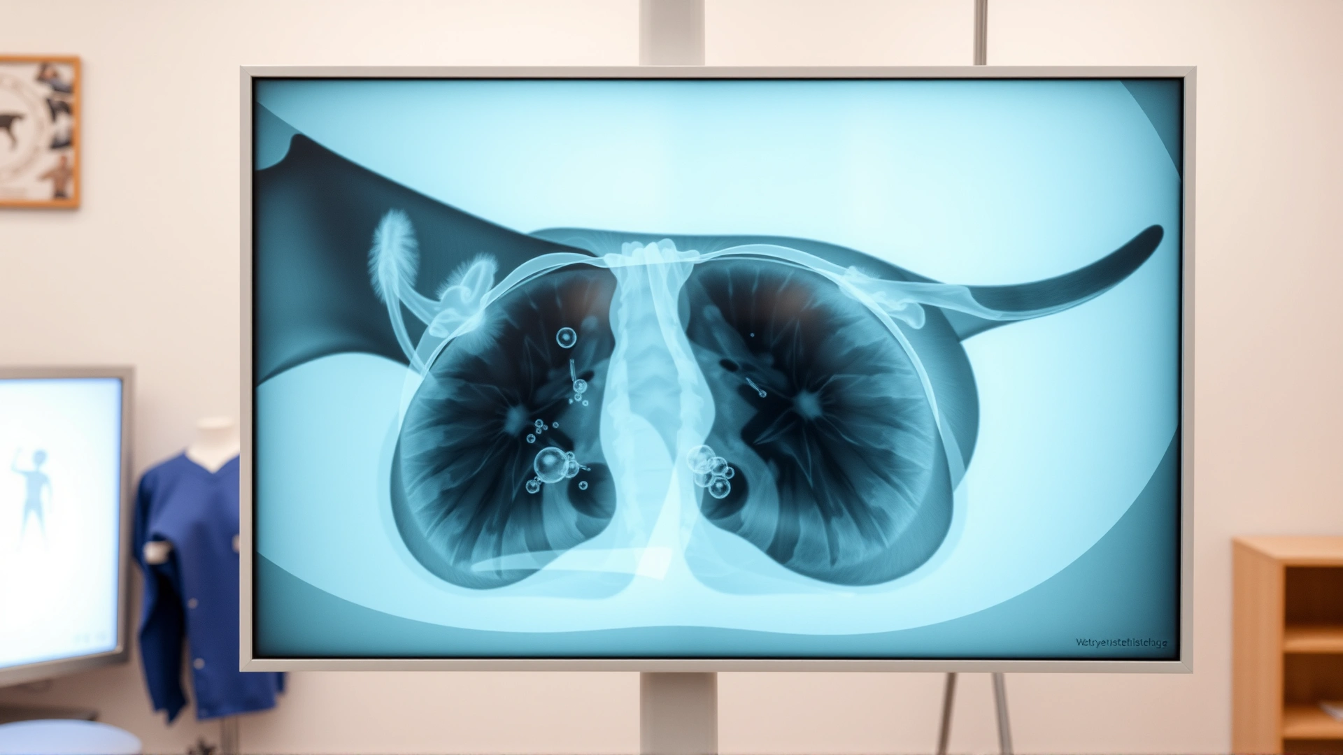 High-resolution chest X-ray of a dog showing fluid lines around the lungs, displayed on a lightbox in a veterinary clinic.