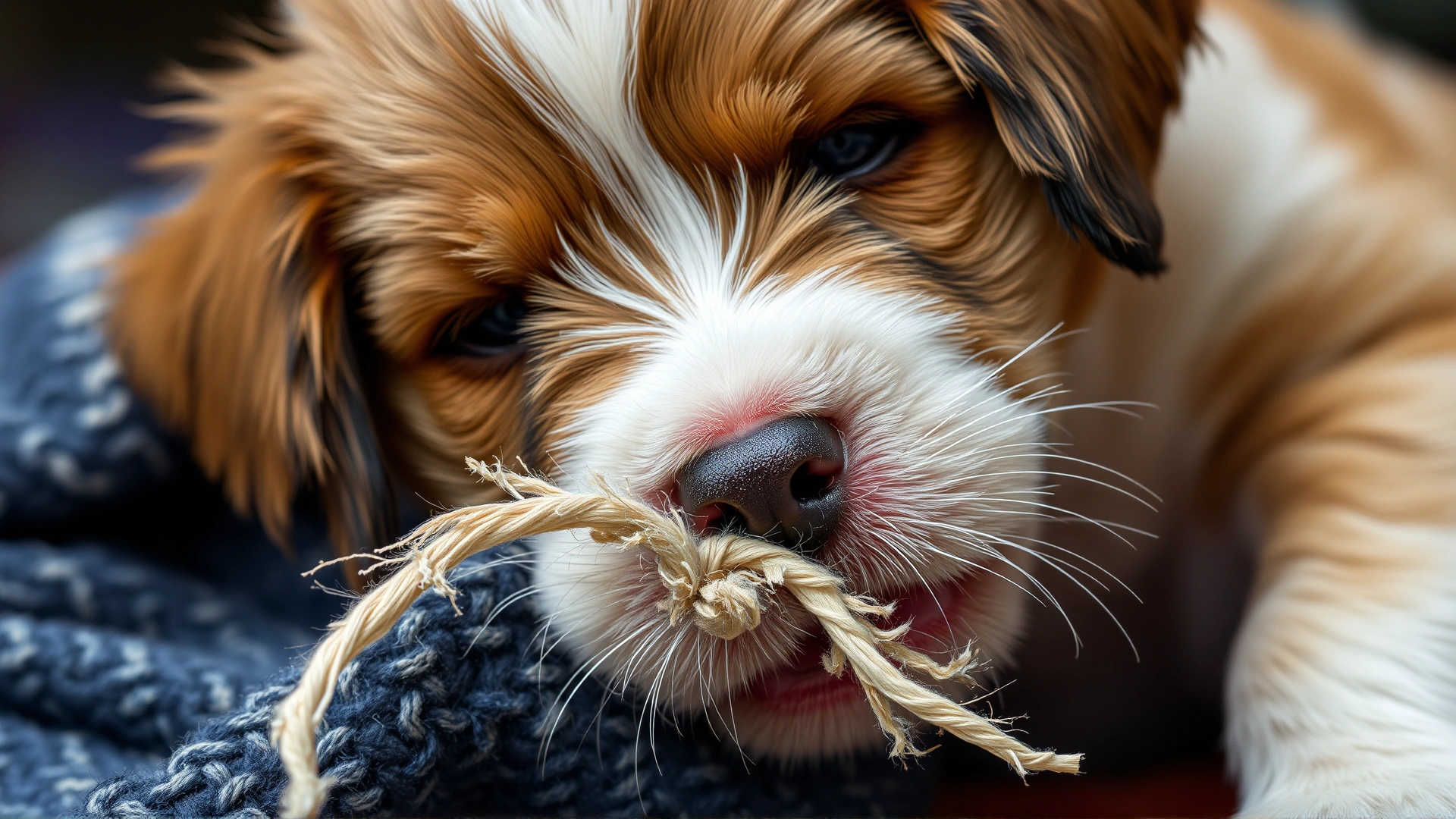 A puppy attempting to chew on a frayed blanket fiber, close-up to highlight potential hazard