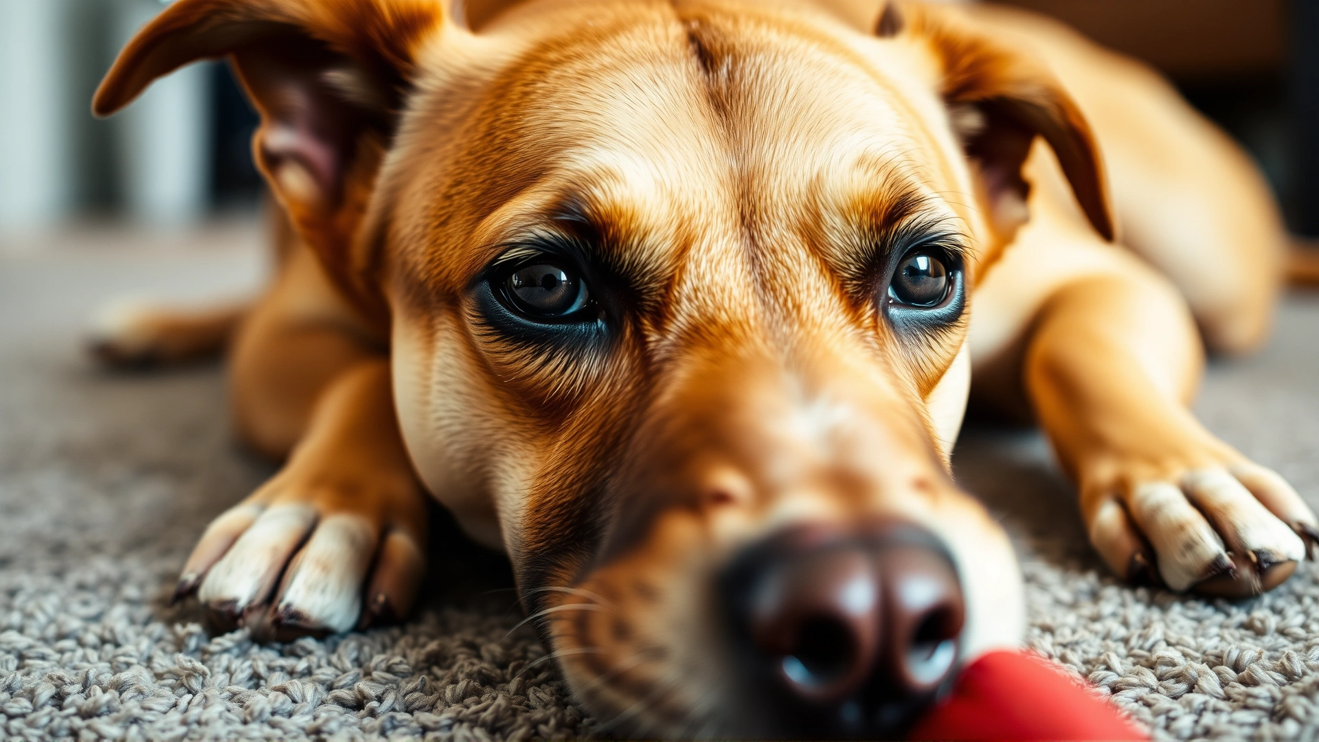 Close-up of a brown female dog lying on a carpet, focused on chewing a durable red rubber toy