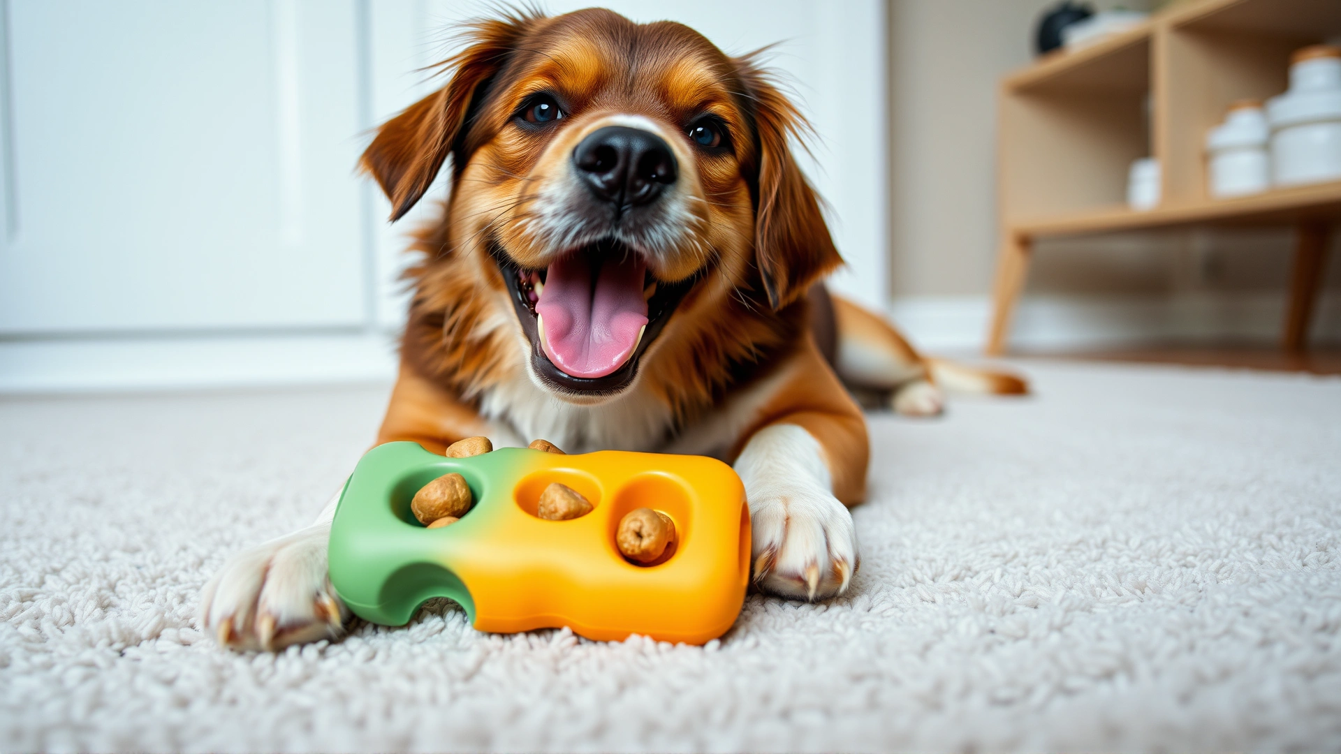 Happy dog engaging with a bright rubber puzzle toy stuffed with treats on a clean rug.