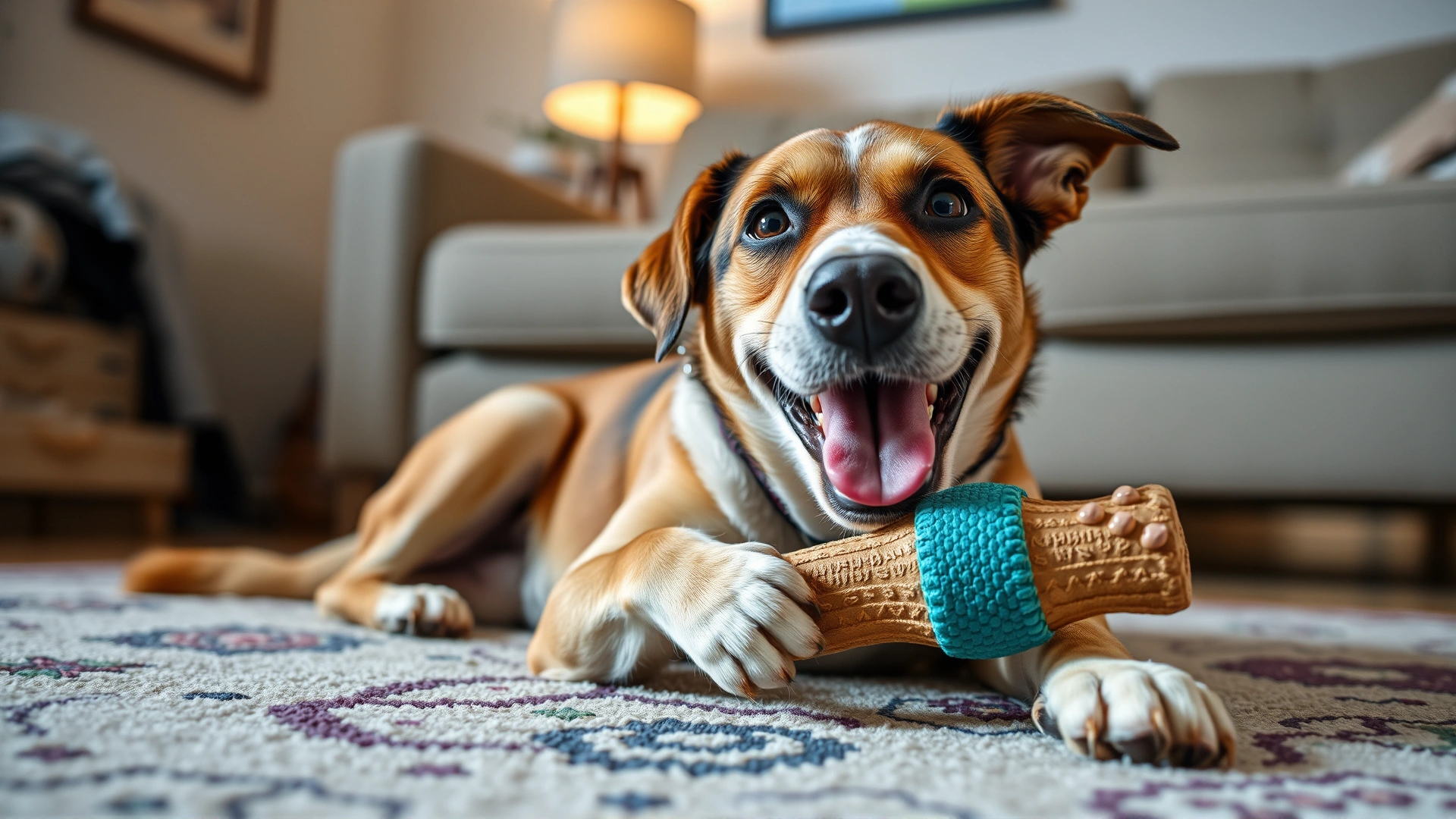 Happy medium-sized dog chewing on a textured dental chew toy on a living room rug