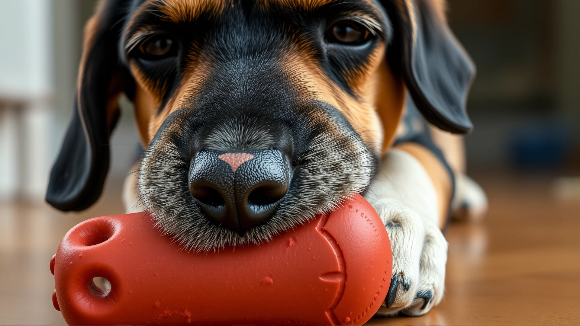 A recovering dog chewing on a sturdy rubber toy with visible teeth marks, showing safe engagement.