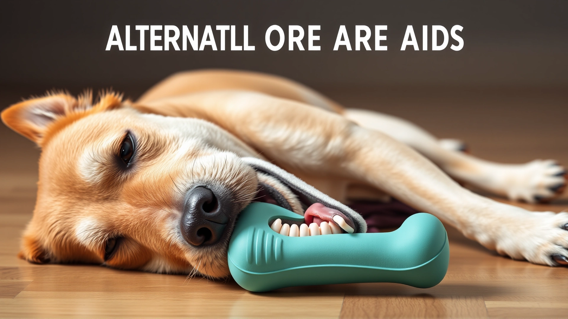Dog lying on floor chewing a soft rubber dental toy, showing alternative oral care aids