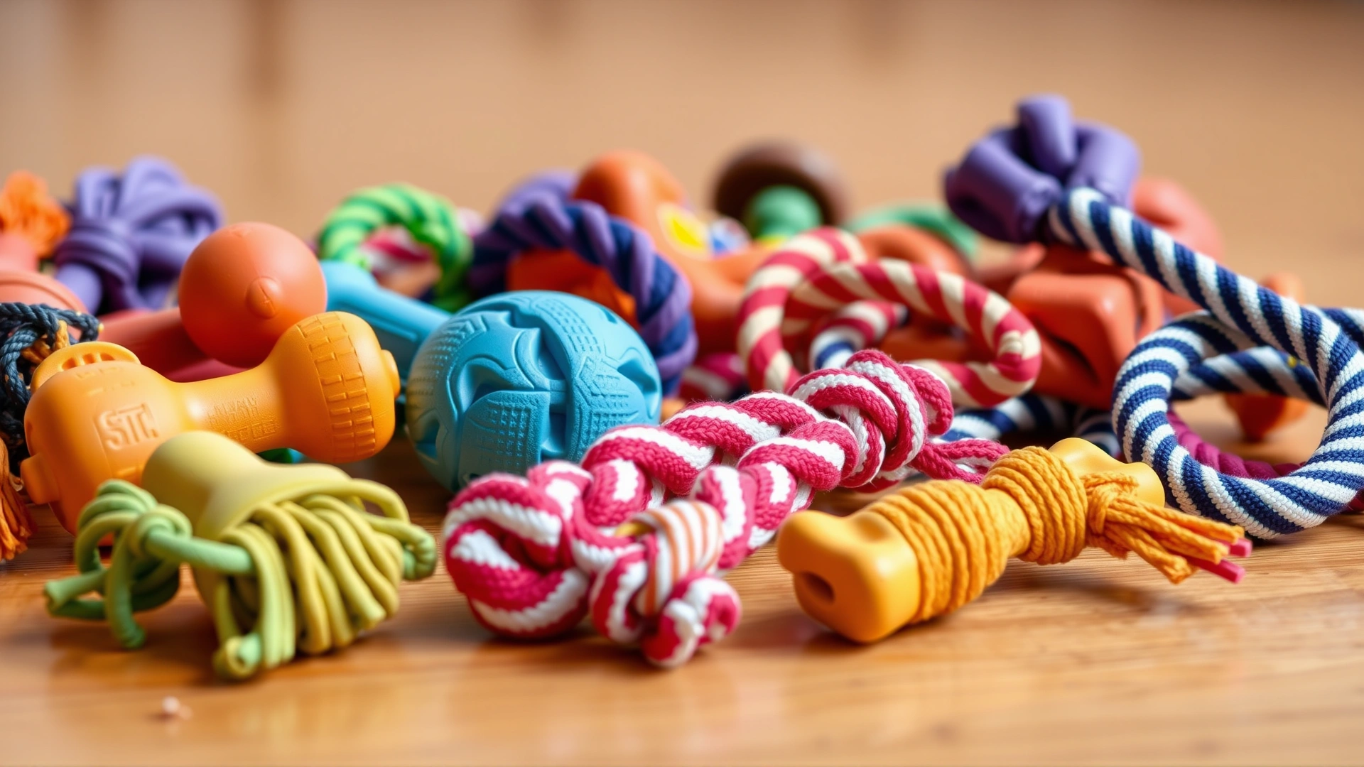 Colorful assortment of safe rubber and rope chew toys for puppies laid out on a wooden floor
