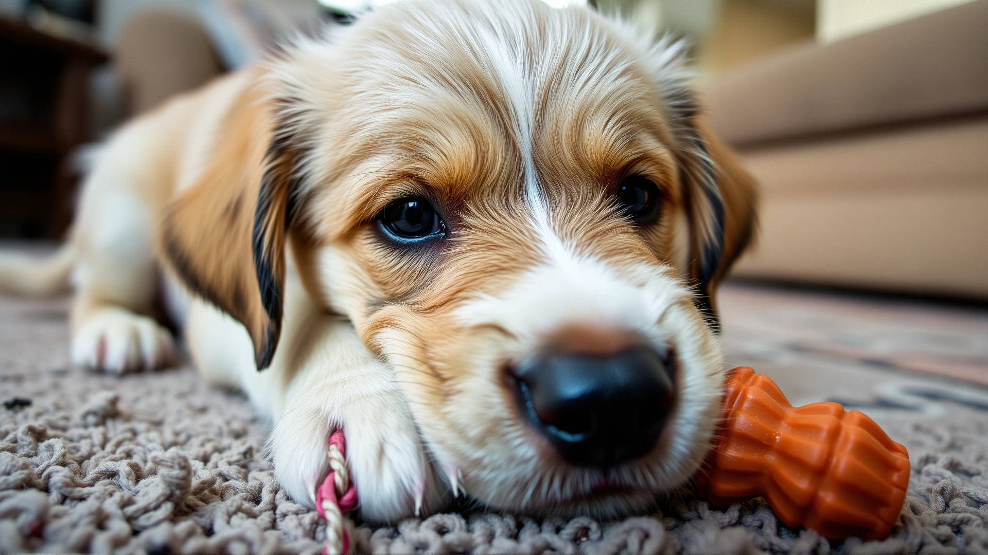 Close-up of a puppy gnawing on a durable rubber chew toy while lying on a living-room rug.